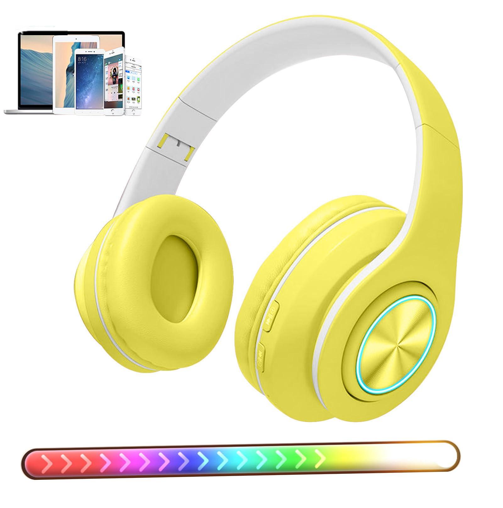 E-Greetshopping Bluetooth Over Ear Headphones ,Colorful LED Lights Headphones ,Foldable Hi-Fi Stereo Headphones with in Microphone, Wired and Wireless Headphones for Classroom/Home Office/PC/Mobile (yellow)
