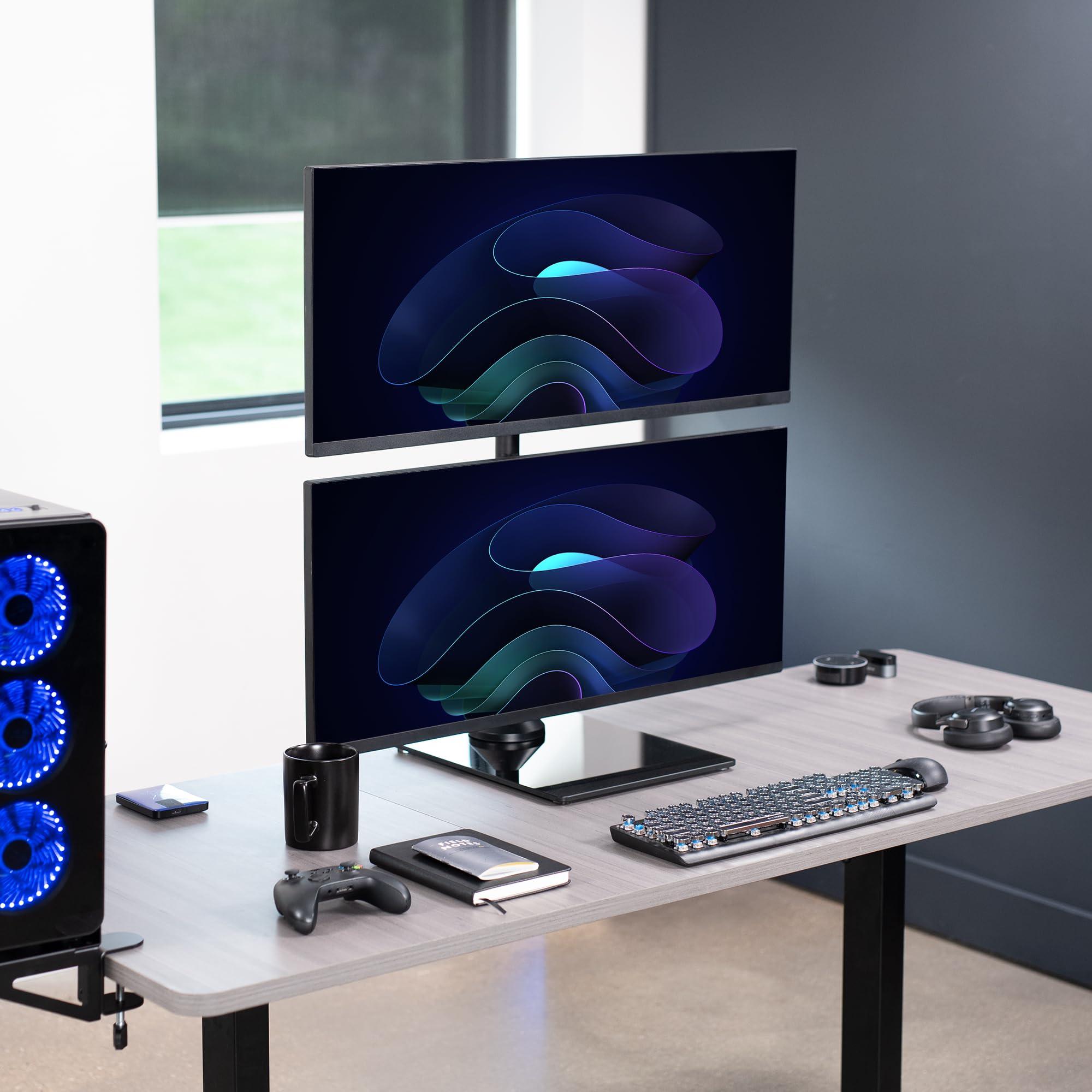 VIVO VIVO Dual Monitor Desk Stand with Tempered Glass Base, Free-Standing LCD Mount, Holds in Stacked Vertical Position 2 Ultrawide Screens up to 34 inches, Black, STAND-V002LG