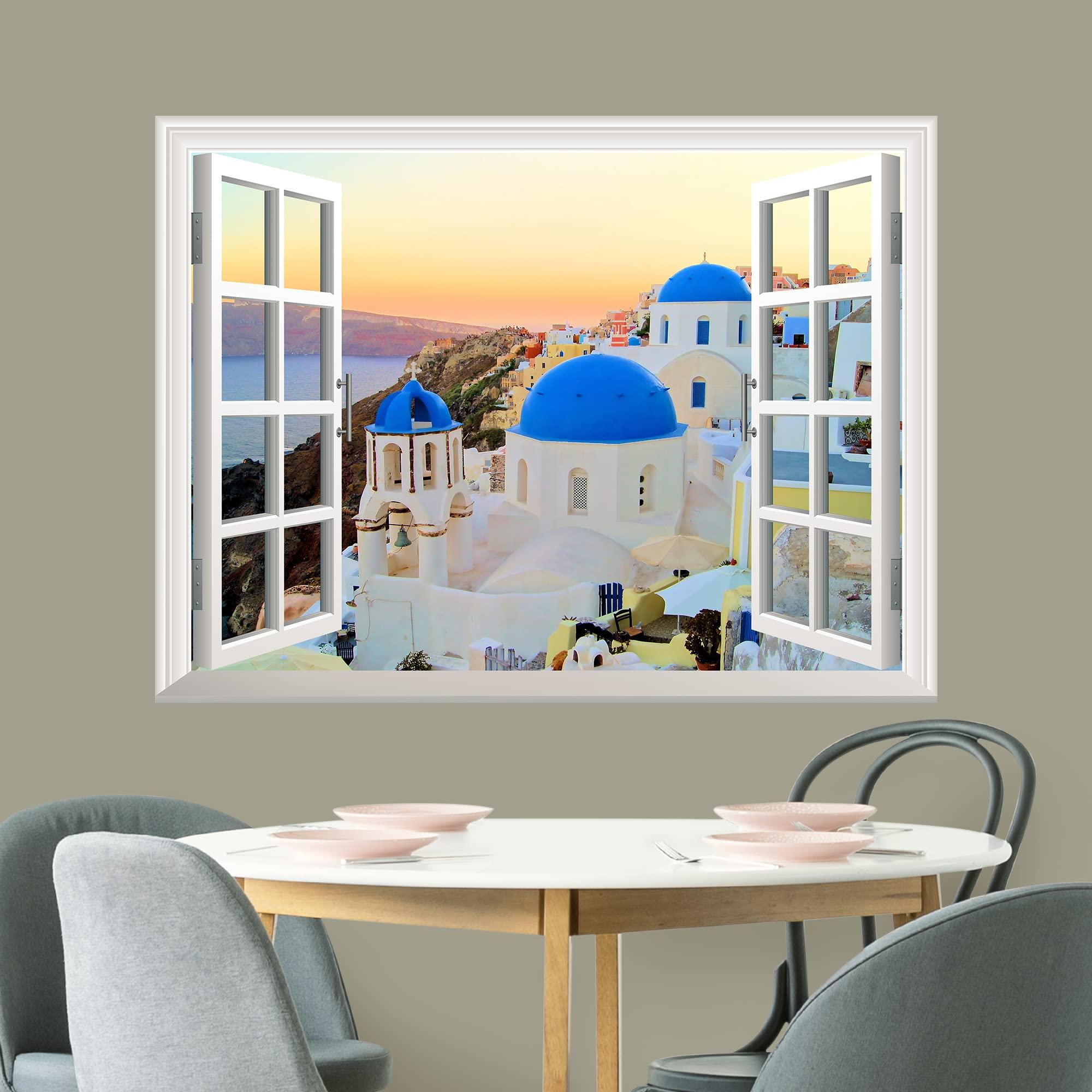 wall26 wall26 Removable Wall Sticker/Wall Mural - Sunset View of The Blue Dome Churches of Santorini, Greece | Creative Window View Home Decor/Wall Decor - 36\"x48\"