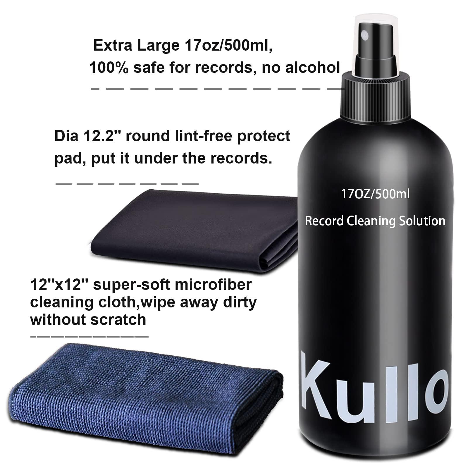 kulloomii Vinyl Record Cleaner Solution 17oz/500ml, 4Pcs Vinyl Record Cleaning Kit, Record Cleaning Fluid Spray & Label Protector & Microfiber Cloth & Protector Pad, Record Player Cleaning Kit for LP Album