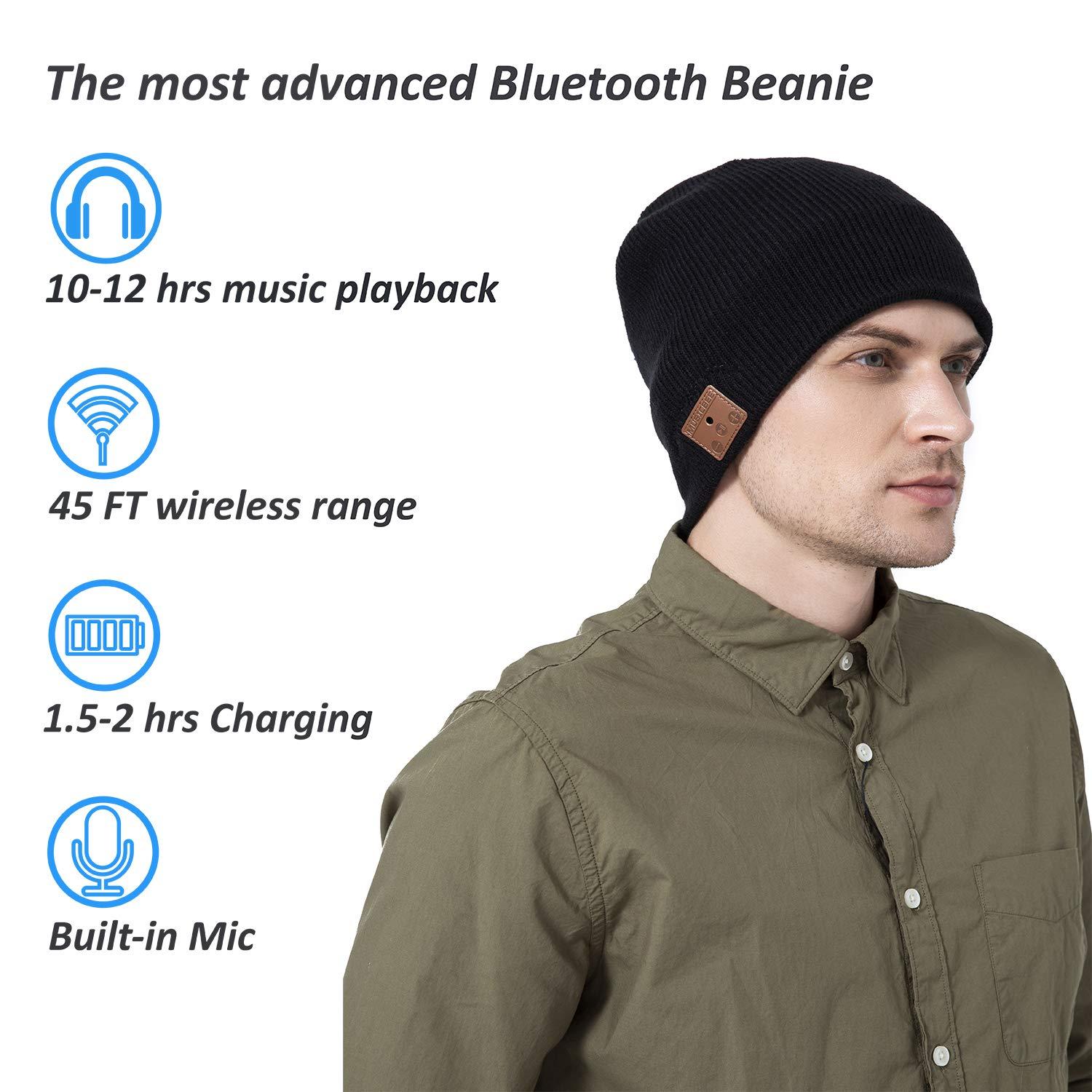beanie beanie Bluetooth, MUSICBEE Bluetooth V5.2 Wireless Knit Winter Cap, 24 Hour Play time, Built-in Microphone and HD Stereo Speakers(Black
