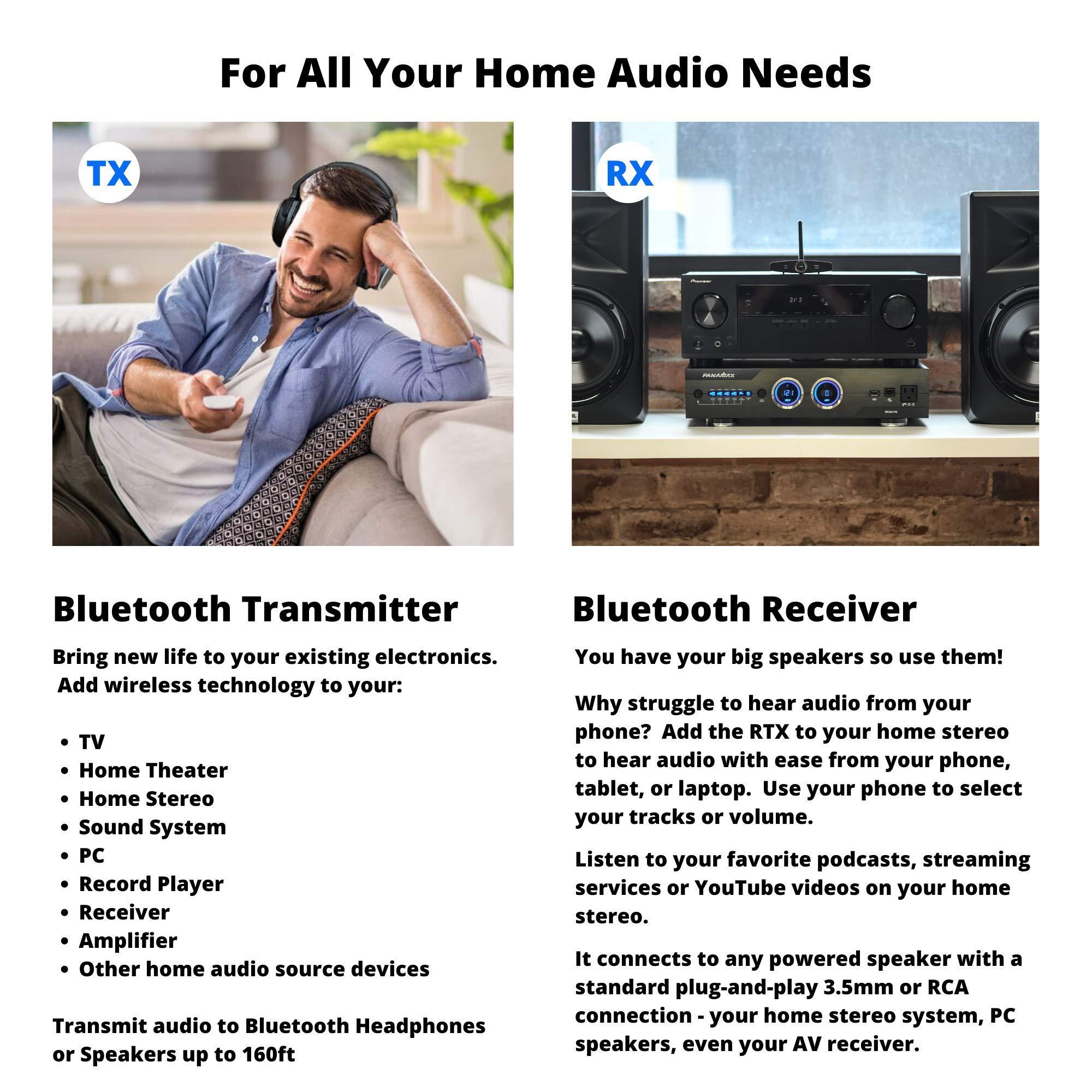 miccus Long Range Bluetooth Transmitter or Receiver, Audio Only for TV PC Stereo, Connect Speaker, Headphones, Phone, aptX Low Latency Wireless Adapter, Listen in HD No Delay Optical RCA 3.5mm (Home RTX 2.0)