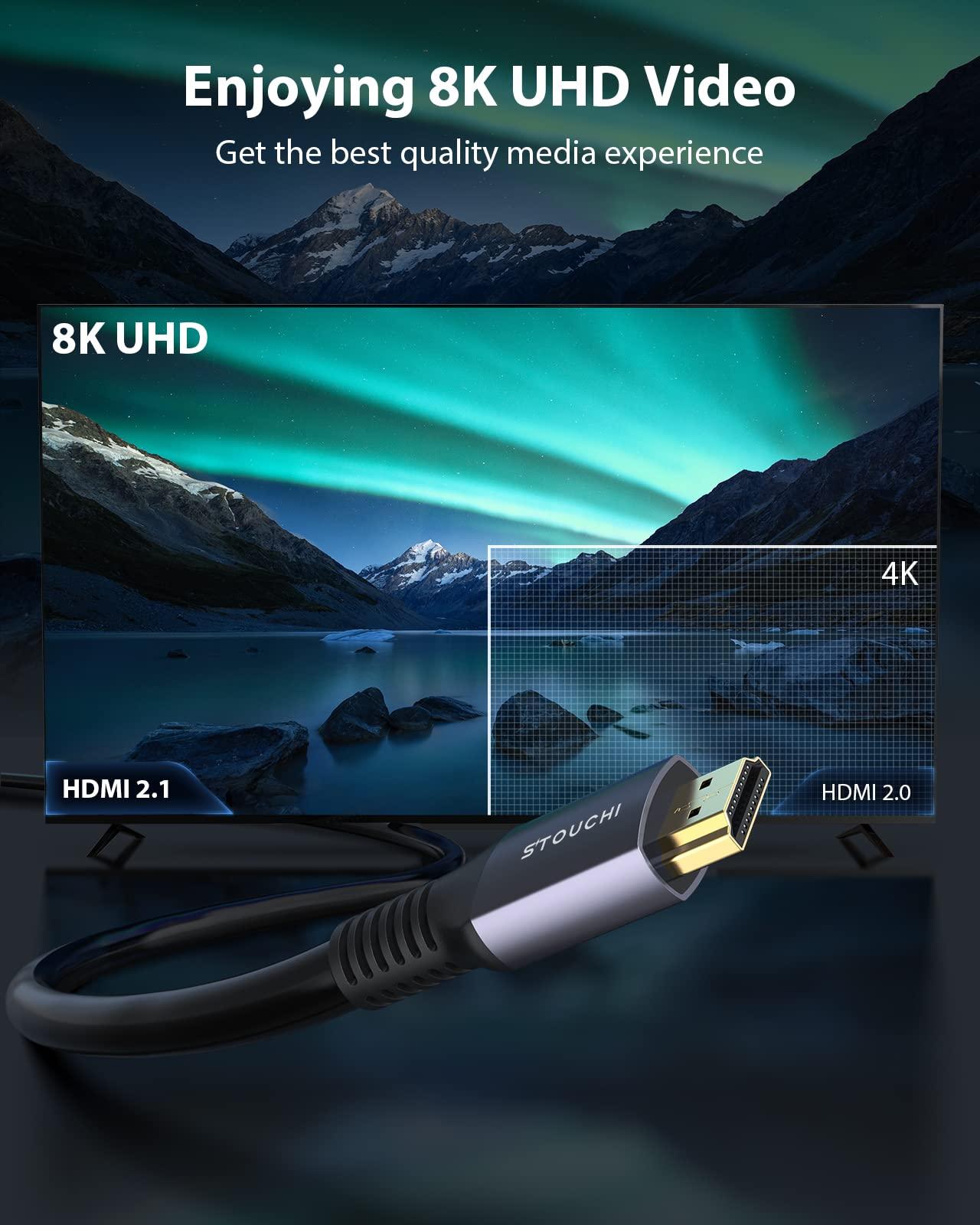 Stouchi Stouchi 8K Long 2.1 HDMI Cable 20FT/6M, 48Gbps Ultra High Speed HDMI Cable Video Cord, CL3 Rated in-Wall, 8K60Hz 4K120Hz 2K144Hz eARC HDCP 2.2 & 2.3 HDR10+ Compatible for Gaming, PS5, HDTV
