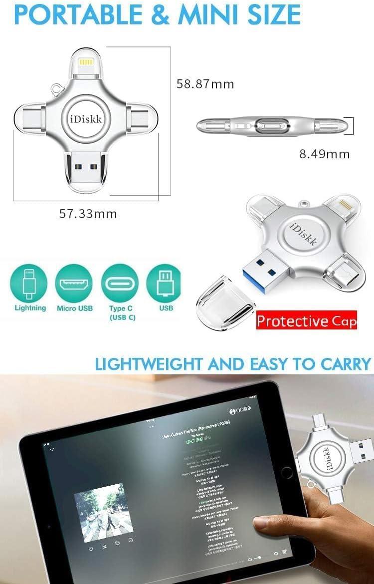 iDiskk [MFi Certified] 128GB Flash Drive for iPhone iPad USB 3.0 Lightning Drive 4 in 1 Multi Functional External Storage for iOS and Android Samsung Phones Type c Devices and MacBook idiskk Thumb Drive