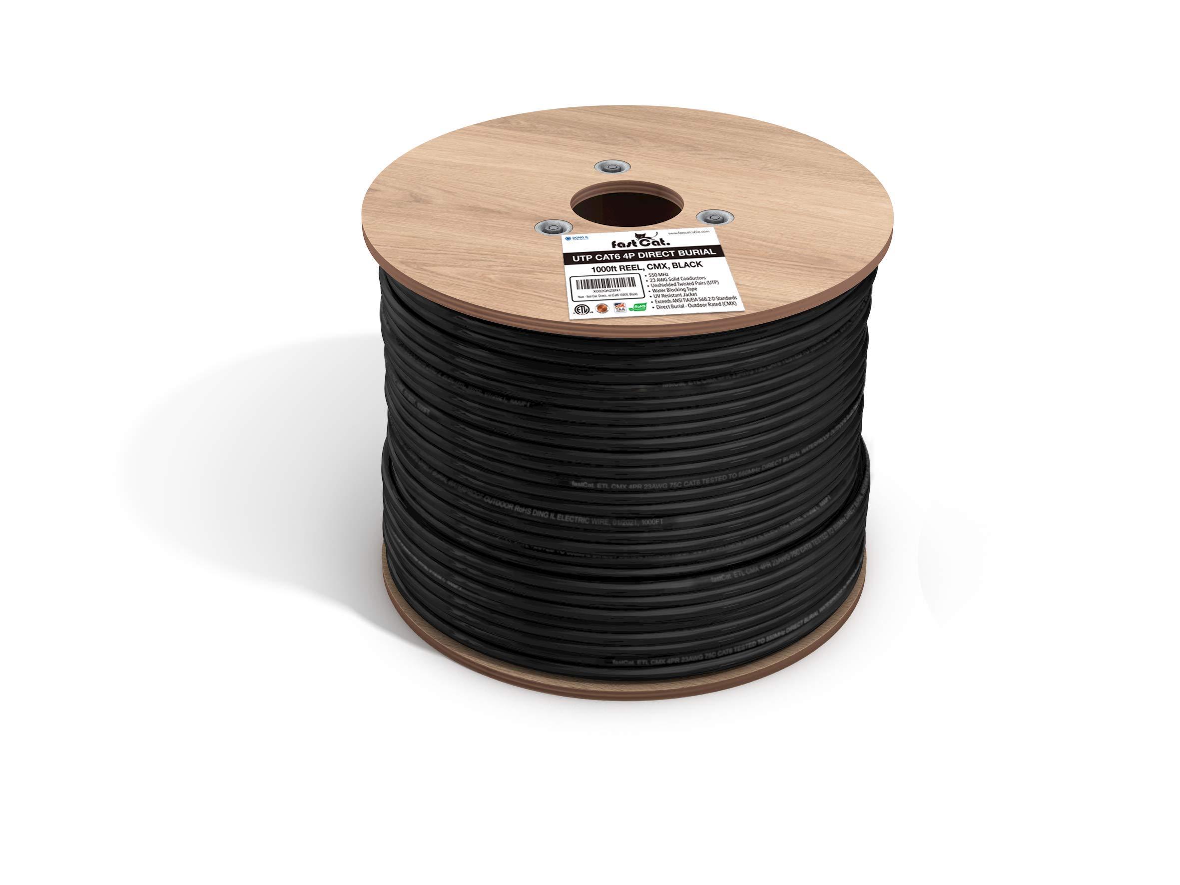 fast Cat. fast Cat. Cat6 Direct Burial Outdoor Ethernet Cable 1000ft - Waterproof Cat6 Cable with 23AWG Solid Copper Conductors - CMX, UTP 550MHz, PoE++ (4PPoE), ETL & UL Listed, Bulk Ethernet Cable (Black)
