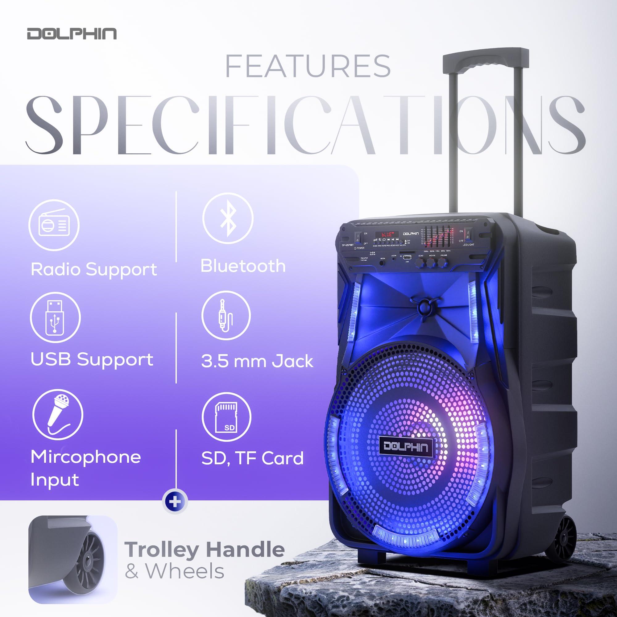 Dolphin Dolphin 12-Inch Rechargeable Bluetooth Party Speaker High Power Sound, TWS Compatibility, LED Lights, 5-Band Equalizer, Portable Design with Trolley and Wheels