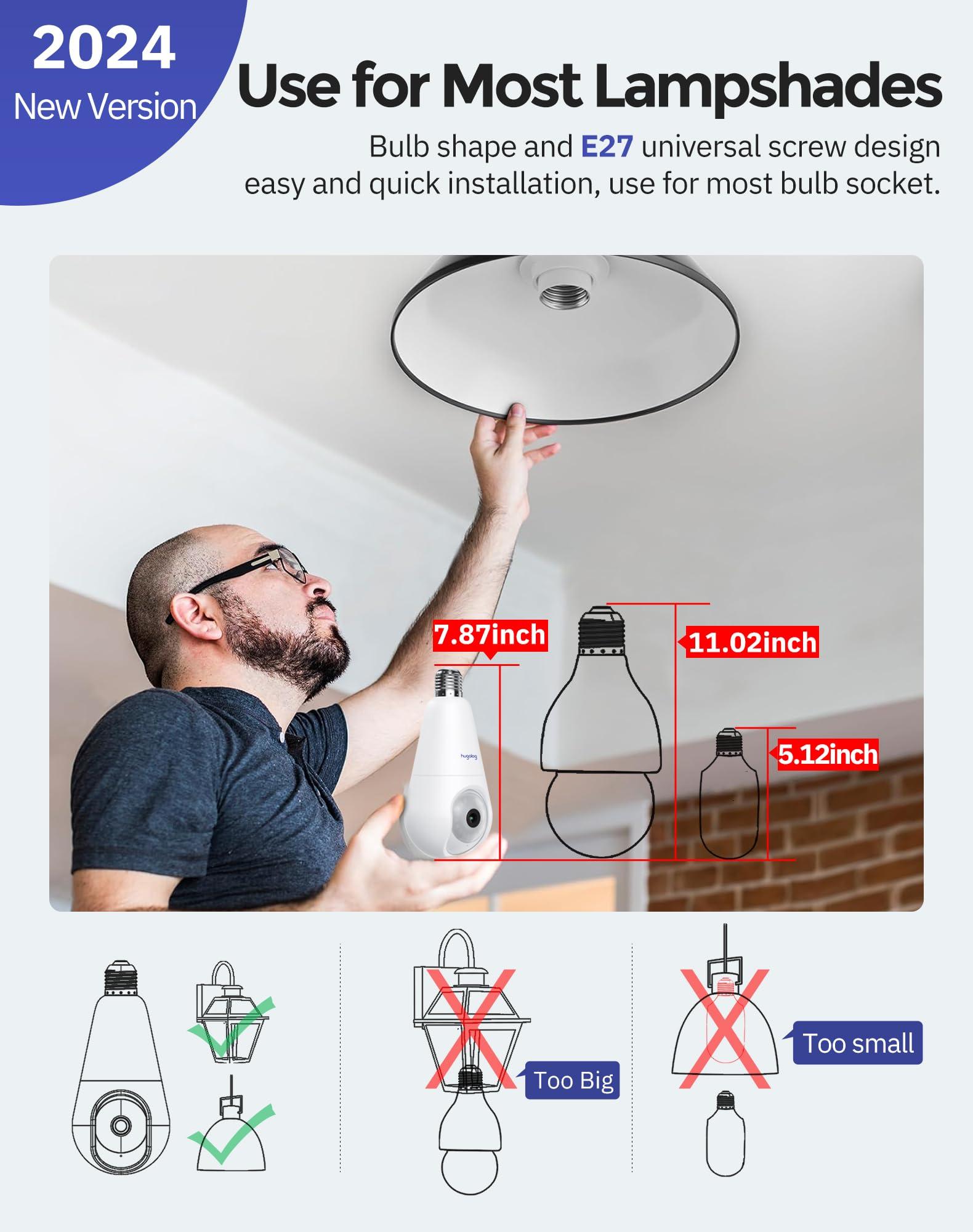Hugolog Hugolog 2K Light Bulb Security Cameras Wireless Outdoor-2.4GHz Cameras for Home Security Indoor with AI Motion Detection,Clear Color Night Vision,360Auto Tracking,Siren Alarm,24/7 Recording