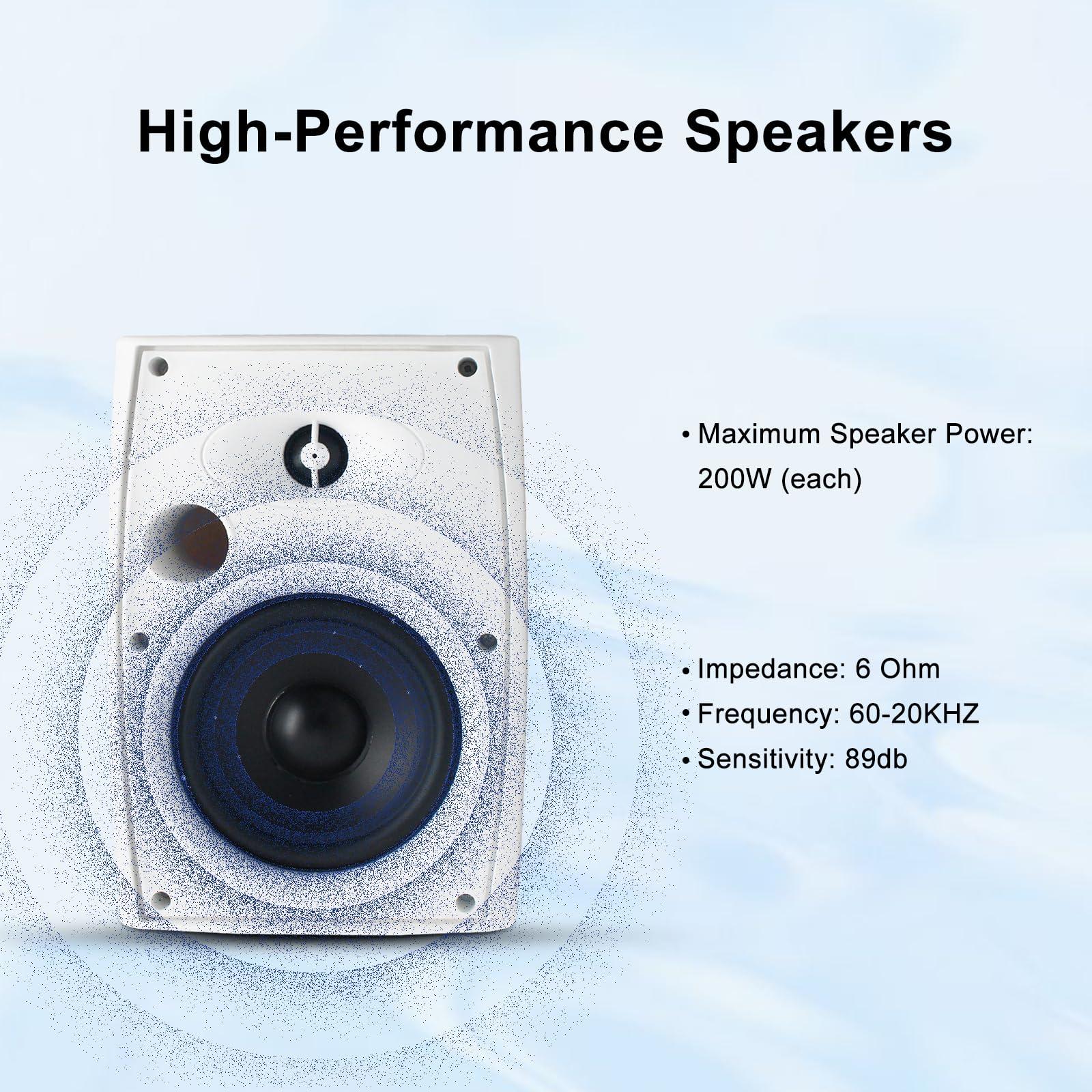 Herdio Herdio 6.5 Inch 800W Outdoor Bluetooth Speakers Wired Waterproof with Multifunctional Amplifier, Wall Mount Speakers for Patio Home Poolside Deck Backyard(4 Speakers,White)