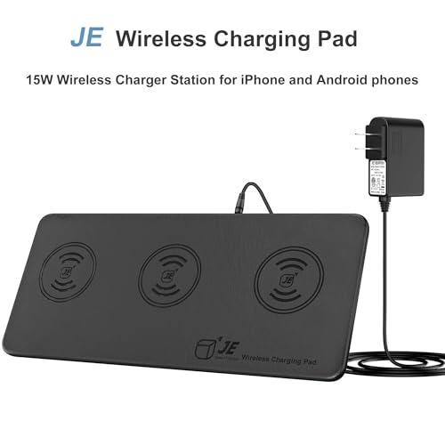JE Make IT Simple Triple Wireless Charger Pad - 15W Fast Charging Station for Apple iPhone 15/14/13/12 Pro/Max/Plus, AirPods, Qi-Certified 3-in-1 Charging Mat for Multiple Devices One-Step Wireless Charging Solution