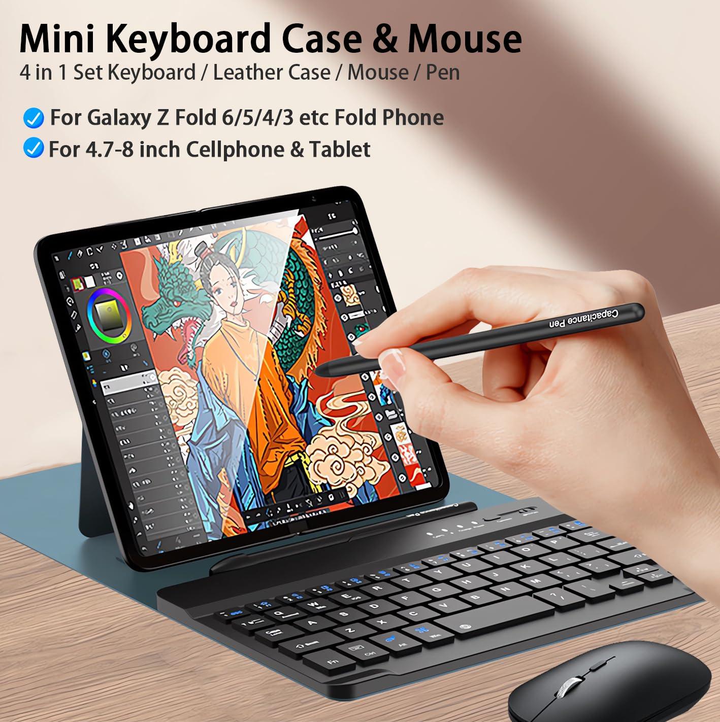 voppton voppton for Samsung Galaxy Z Fold 7 6 5 Keyboard and Mouse, Portable Mini 7.9 inch Bluetooth Keyboard with Leather Case and Capacitive Pen, 4 in 1 Set for Z Fold7 6 Accessories,Green