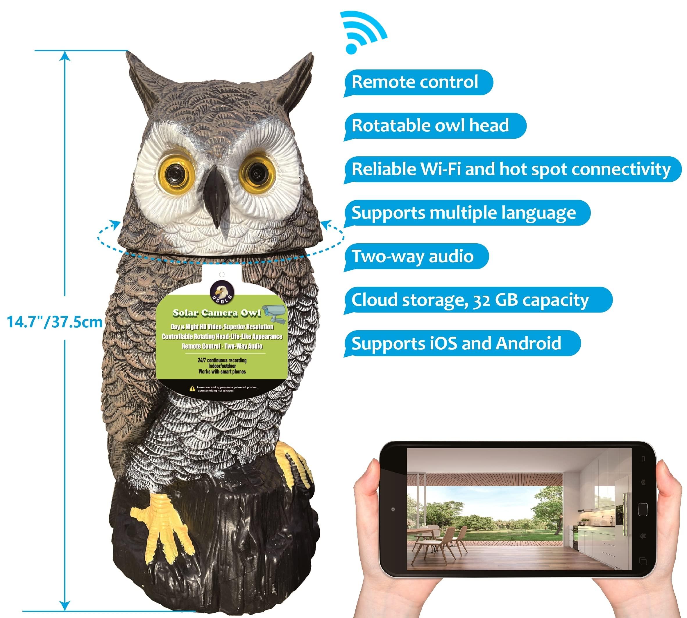Ugold Ugold Indoor Camera Owl, Home Security Camera Owl with Rotatable Head, Night Vision, 2-Way Audio, Works with Phone, Decoration for Home