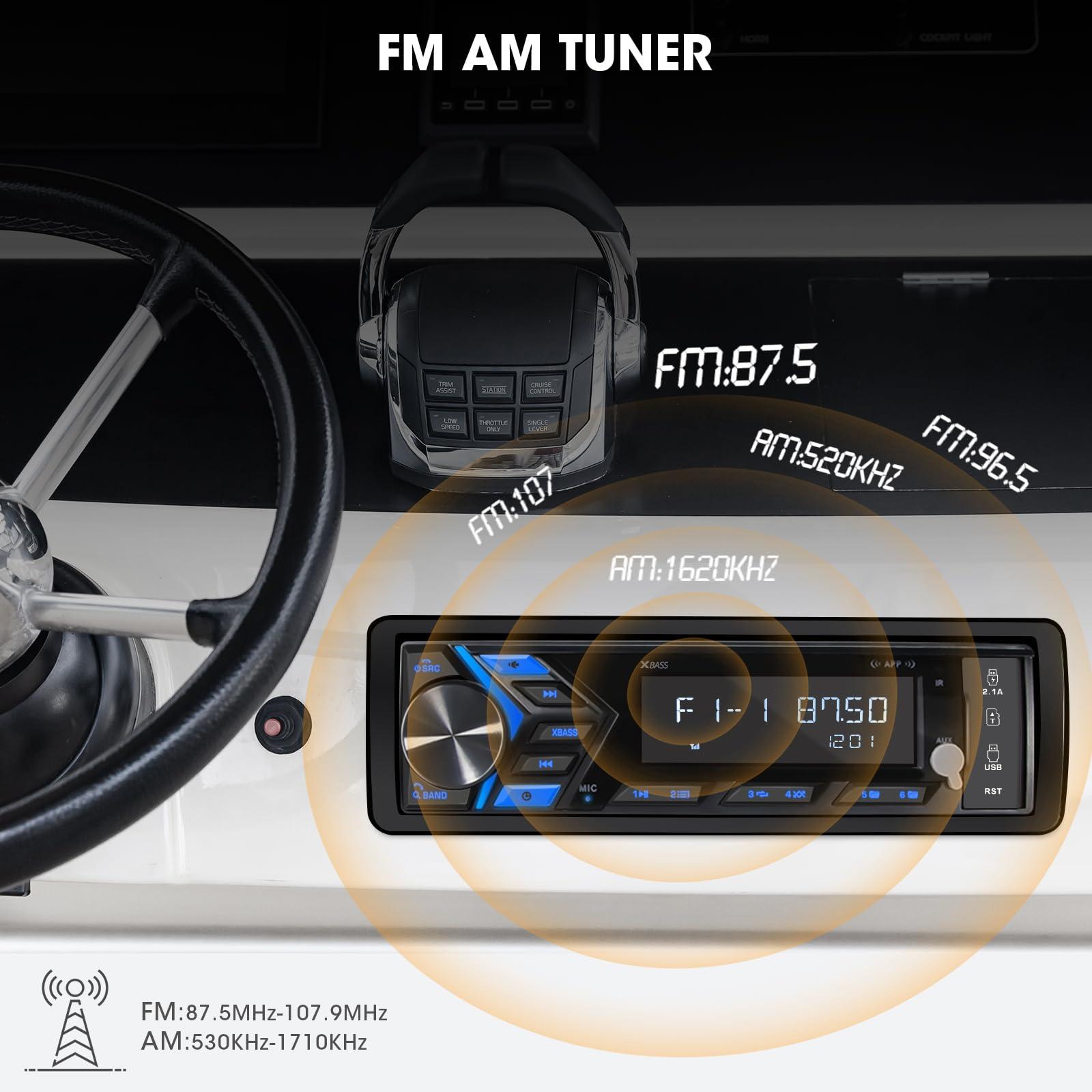 VOXXBASS Bluetooth Marine Stereo Single Din - Boat Radio Receiver - Digital LCD Screen AM FM USB 2.1 A Charging AUX-in 4 Volts Preamp Outputs 2 Subwoofer Ports Remote Control