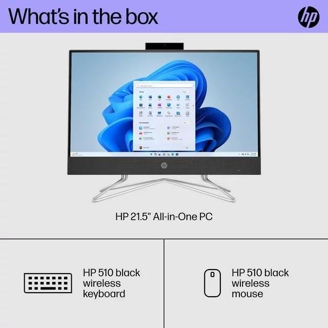 HP HP 21.5" FHD All-in-One PC, Intel Pentium Silver J5040, Intel UHD Graphics 605, 8GB RAM, 128GB SSD, 720p HD Camera, Wi-Fi and Bluetooth, Black, Windows 11 Home in S Mode (Model: 22-dd0153w)