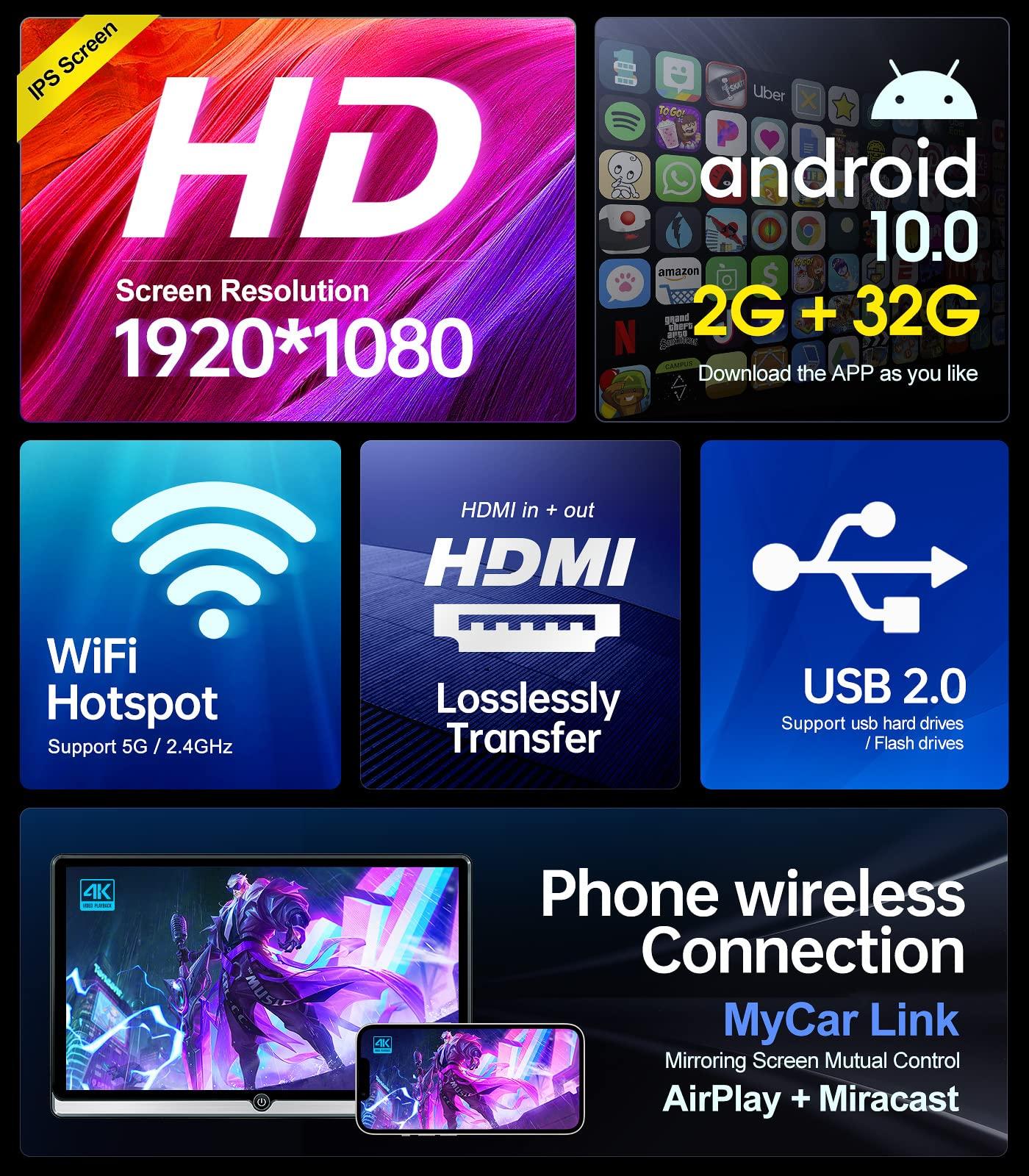 Seventour 14 inch 4K Android 10.0 Portable Car TV Headrest Monitor Tablet for Back seat, Support Phone Wireless mirroring Touch Screen,with WiFi/Bluetooth/HDMI/USB/SD/FM/Airplay Video Player 2G+32G(2*PCs)