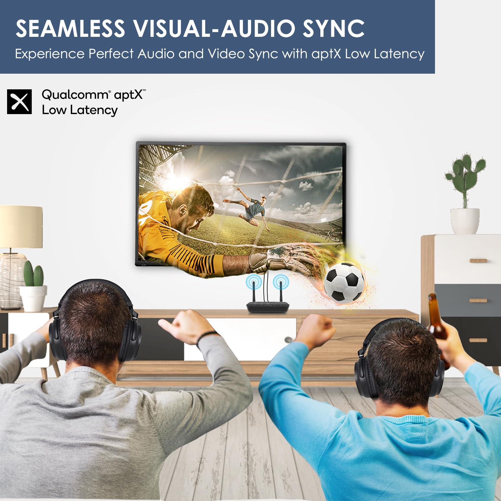 SIMOLIO SIMOLIO Bluetooth Transmitter Receiver for TV Home Stereo, aptX Low Latency & HD Long Range Bluetooth Audio Adapter for 2 Wireless Headphones, Bypass to Soundbar, Optical RCA AUX 3.5mm Inputs/Outputs