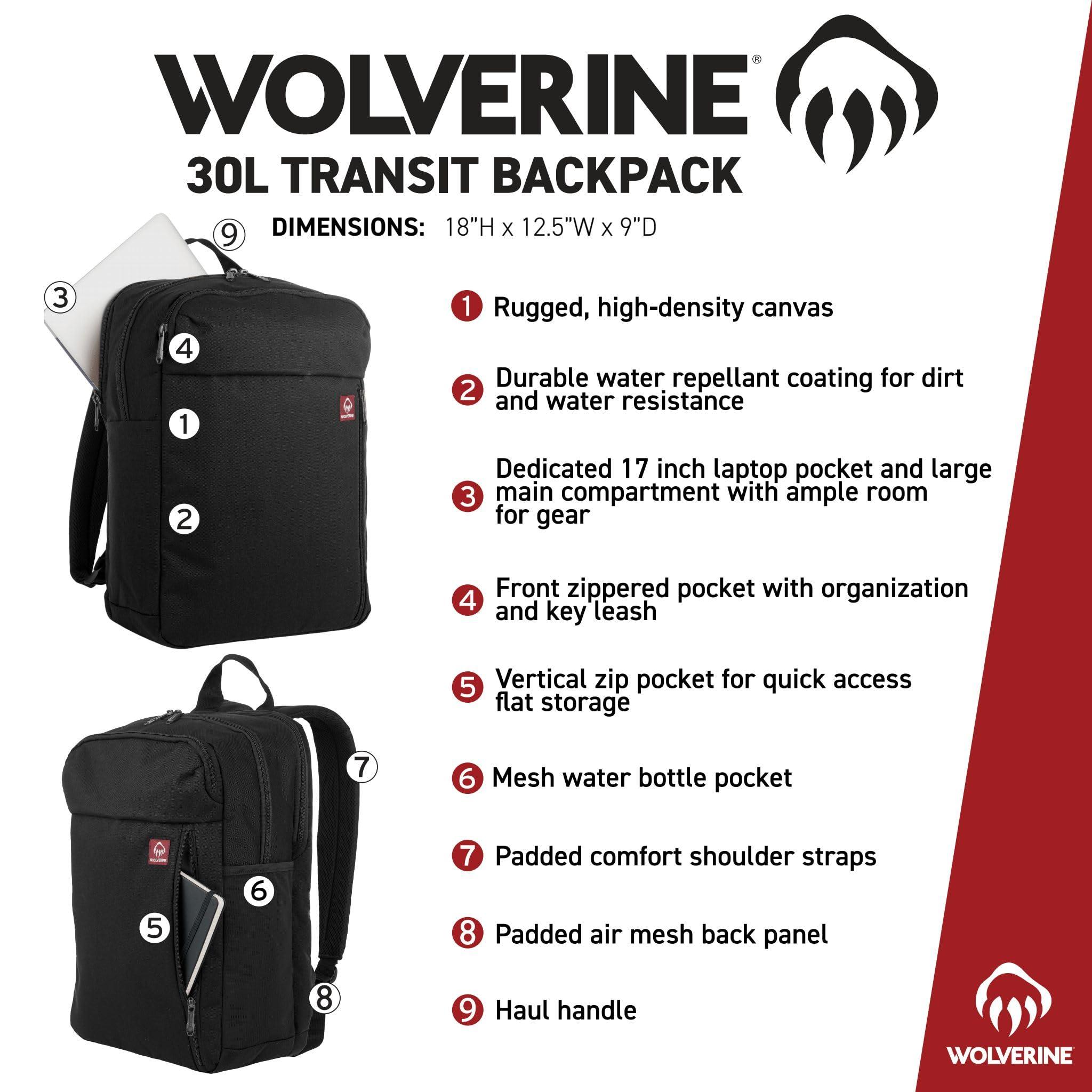 WOLVERINE WOLVERINE Lightweight, Water Resistant Rugged Laptop Backpack for Travel or Work, Transit-Grey, 30L