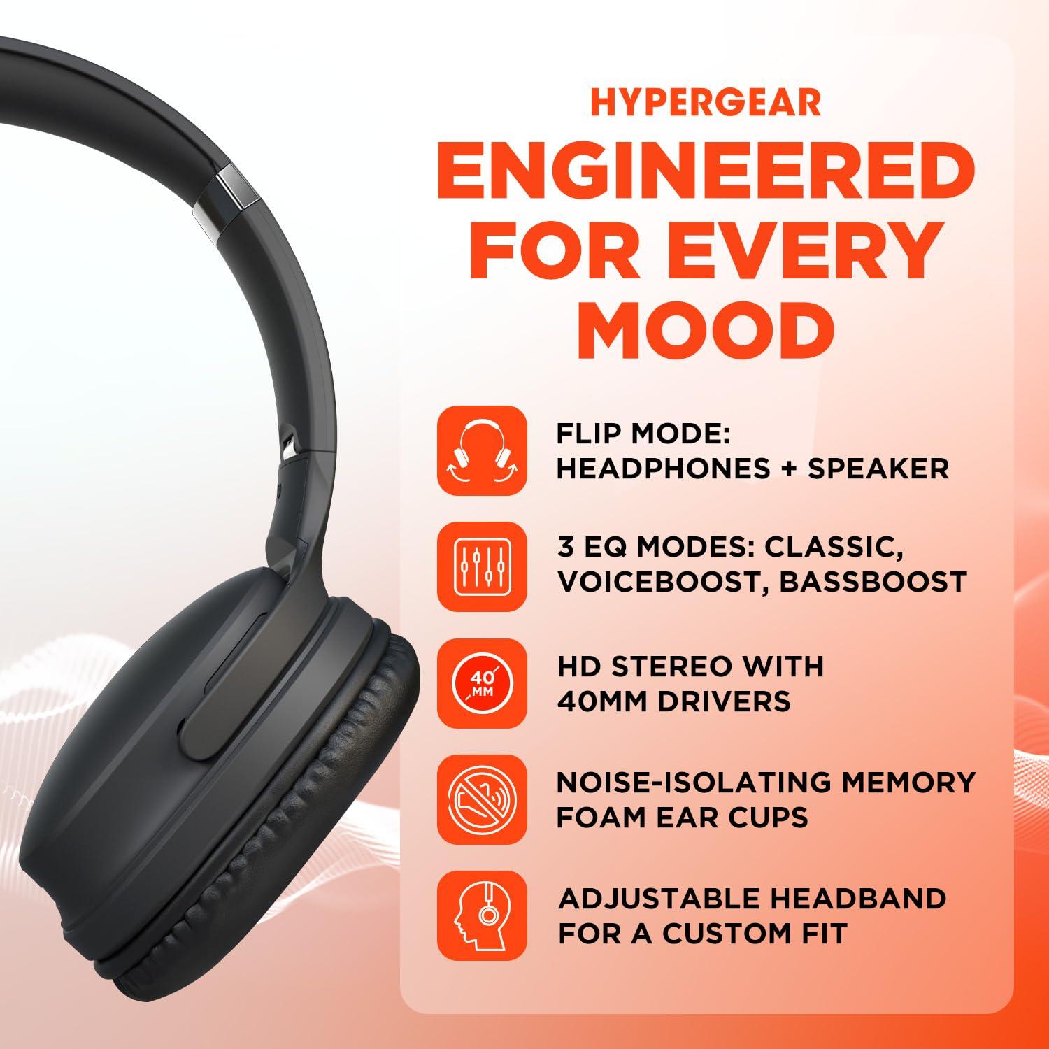 HyperGear Collapsible Wireless Headphones + HD Stereo Speakers Flip The Ear Cups in for Music Solo Style, Flip The Ear Cups Out for Music in Full Stereo Detail (Black)