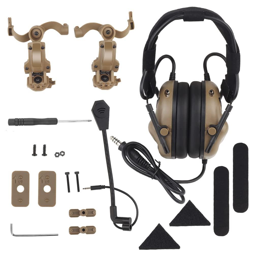 Hdlsina Hdlsina Helmet-Type Tactical Headset + with U94 PTT 2pin with ARC Rail Adapter Compatible Ops-Core Fast Helmet ACH Helmet MICH Helmet for Airsoft Hunting Shooting (Khaki)