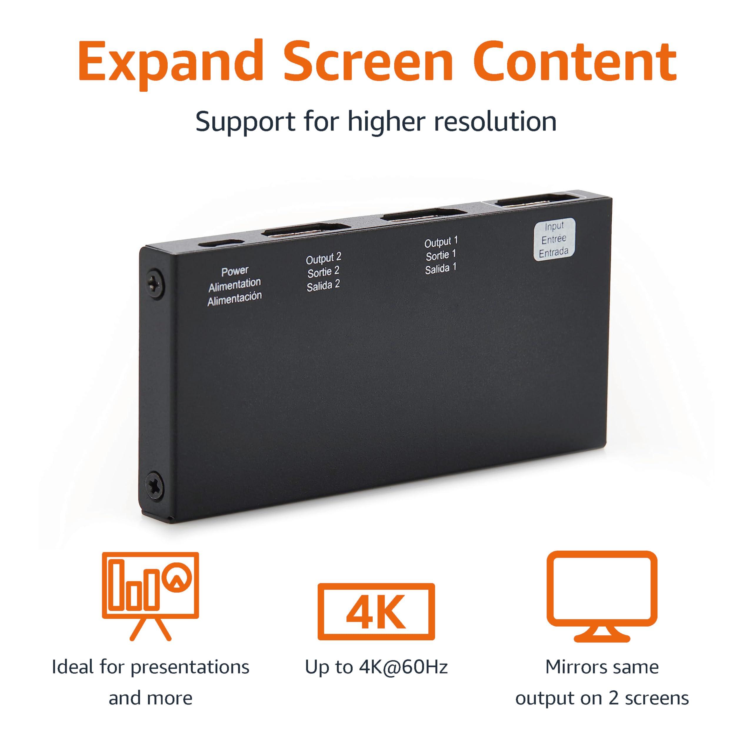 Amazon Basics Amazon Basics HDMI Splitter 1 in 2 Out, 4K@60Hz for Dual Monitors, Mirror Only, Black