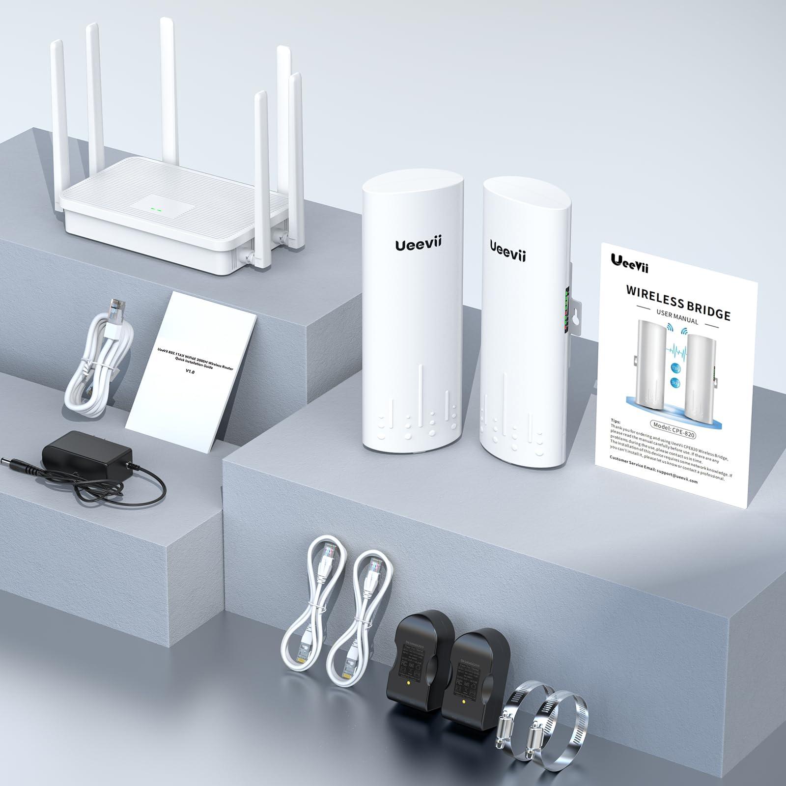 UeeVii UeeVii CPE450 Wireless Bridge and WR3000K WiFi Router Kit, 5.8G 3KM Point to Point Wireless Bridge Outdoor to Shop Barn Garage Building Network Kit Solution, Outdoor WiFi Bridge(2PCS), Plug and Play