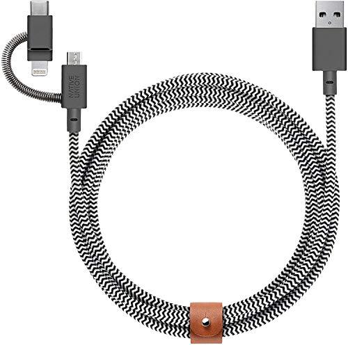 Native Union Native Union Belt Cable Universal - 6.5ft Ultra-Strong Reinforced [MFi Certified] Durable Charging Cable with 3-in-1 Adaptor for Lightning, USB-C and Micro-USB Devices (Zebra)