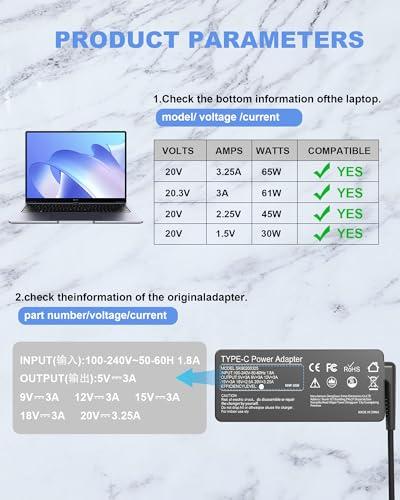 HBONY 65W 45W USB C Laptop Charger for Lenovo Type C Computer Power Adapter Cord - Thinkpad X1 Carbon T480 T490 T480s T490s T580 T590 T14 T16, Yoga 7i C740 C940 C930 920 C630 730 720,Chromebook Replacement