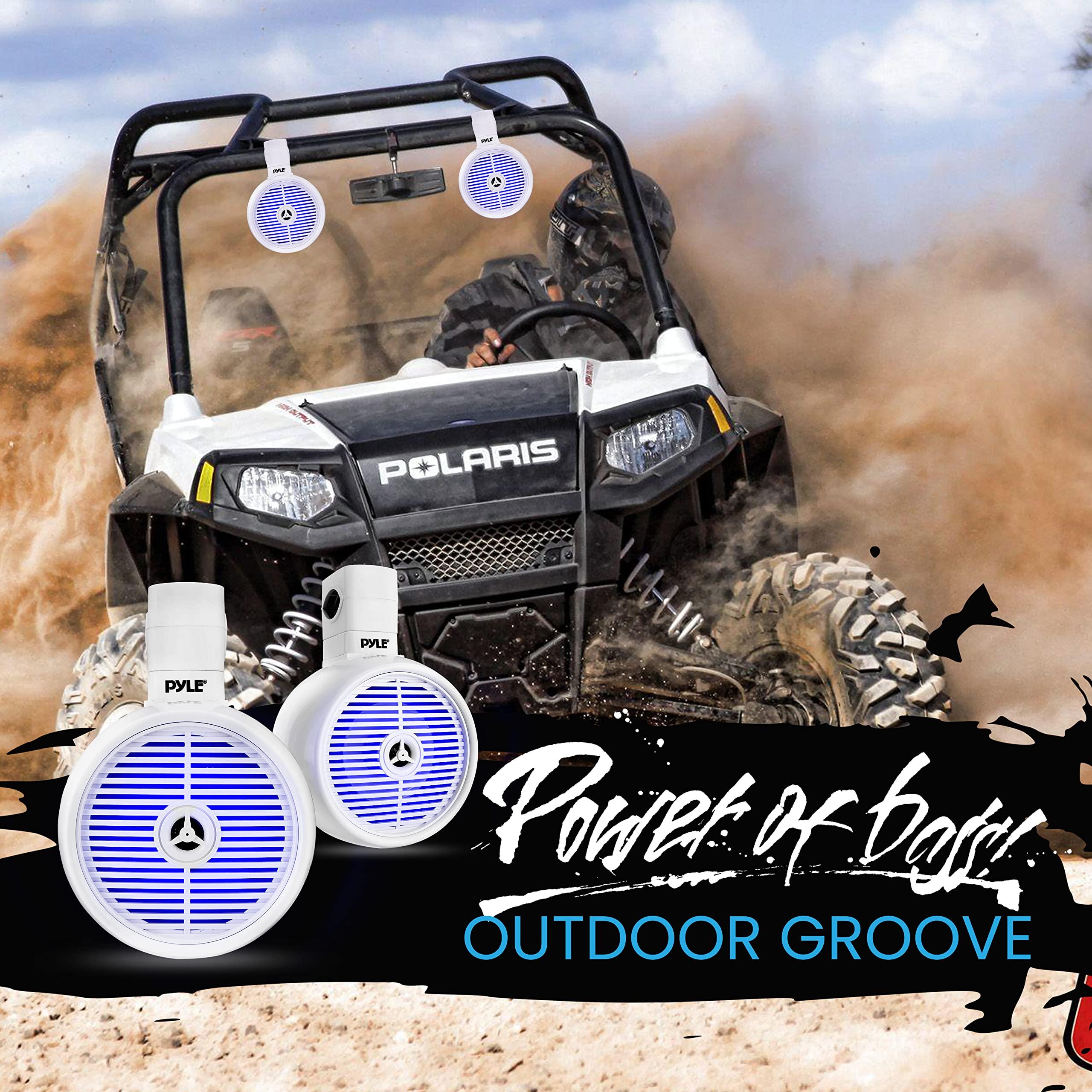 Pyle PyleUsa 8 Waterproof Off-Road Speakers - 300W 2-Way Marine Wakeboard Tower Sound System w/LED Light, Full Range Outdoor Stereo Speaker for Car, ATV, UTV, Jeep, Boat, Includes Brackets (White)