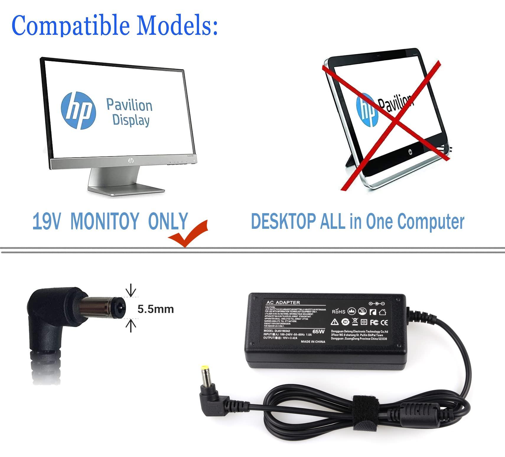 LJO-EEIH 19V Power Adapter for HP Monitor 20\" 21.5\" 23\" 23.8\" 25\" 27\"; 27xw 27xi 27er 23es 27es 25 24ea 25xw 25bw 25xi 22cwa 23xi 23bw 20xi Power Supply Cord Replacement