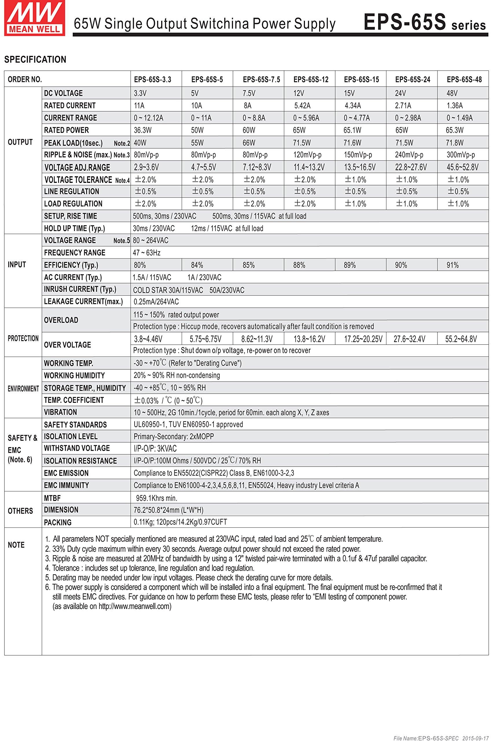 MEAN WELL [PowerNex] Mean Well EPS-65S-7.5 7.5V 8A 60W Single Output Switching Power Supply