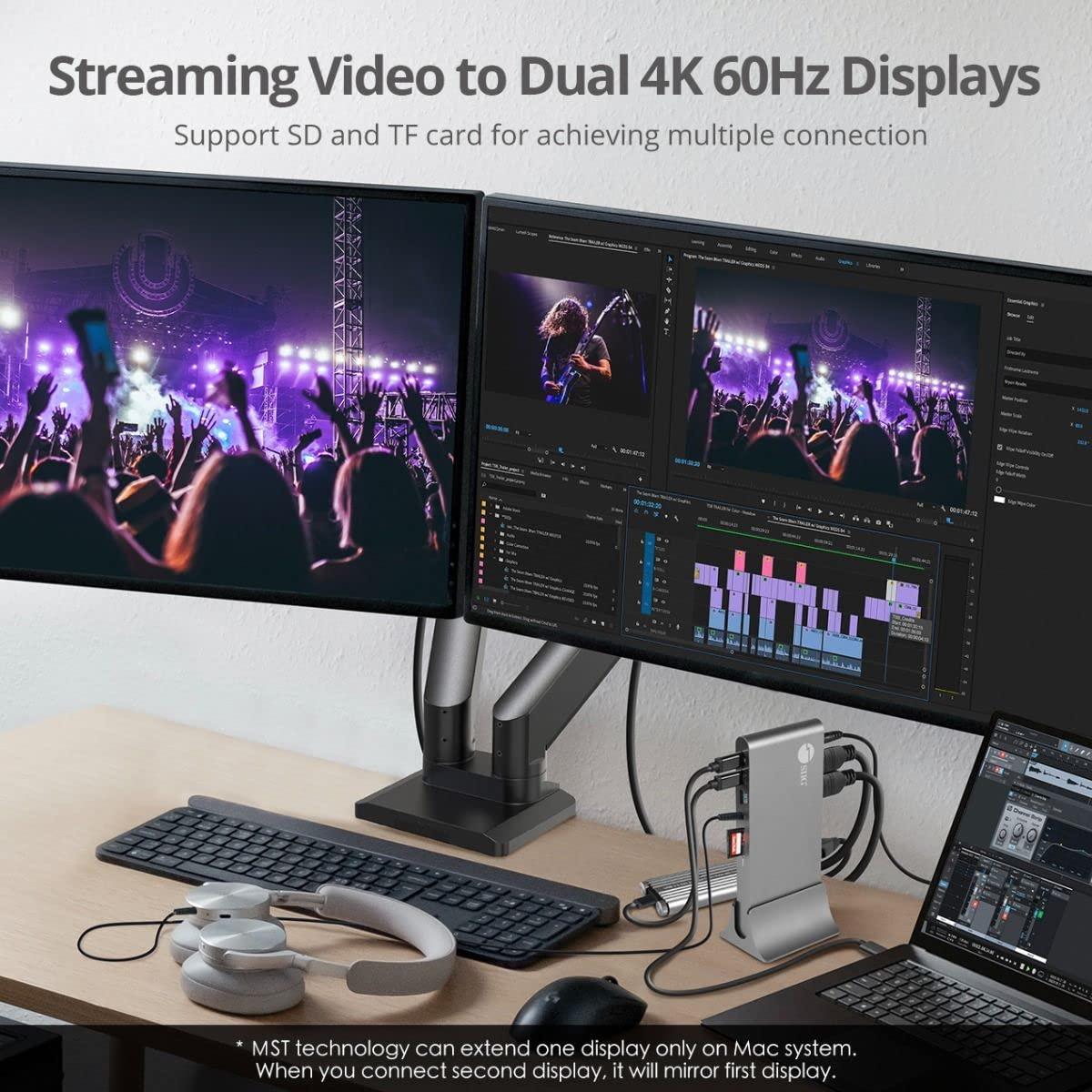 SIIG SIIG 4K USB-C MST Docking Station Dual 4K60Hz Display for Windows Laptops, Thunderbolt 3 Compatible, 60W PD, HDMI, Ethernet, SD/TF 3.0, USB 10G, Audio, Vertical/Horizontal Design (JU-DK0N11-S1)