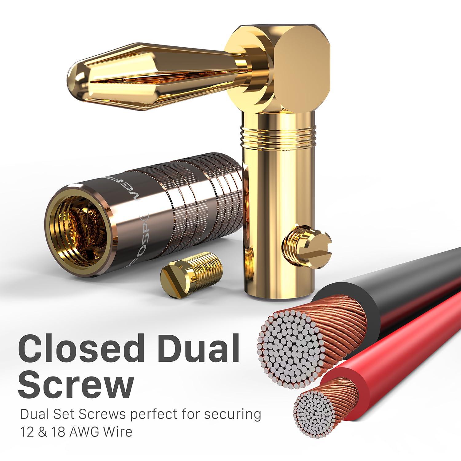 FosPower FosPower Right Angle Banana Plugs (2 Pairs / 4 pcs), Closed Screw 24K Gold Plated Banana Speaker Plug Connectors for Speaker Wire, Wall Plate, Home Theater, Audio/Video Receiver, and Sound Systems