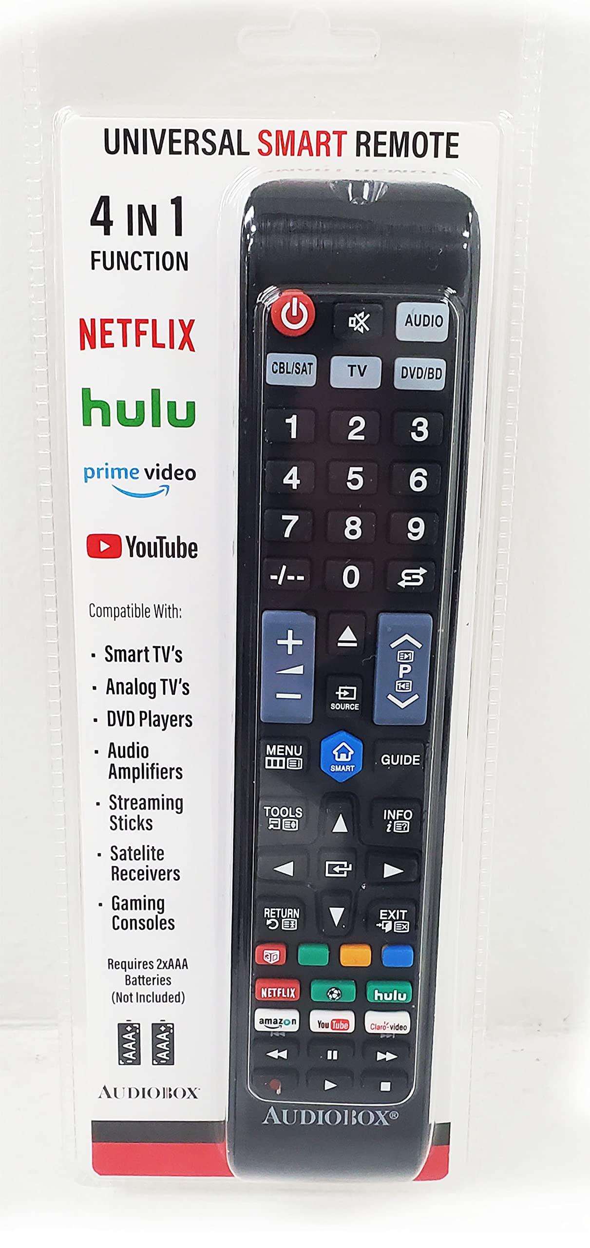 Audiobox New 10-in-1 Universal Smart Remote Control for Smart TVs, Roku, DVD Players, Amplifiers - Dedicated App Buttons for Netflix, Hulu, and YouTube