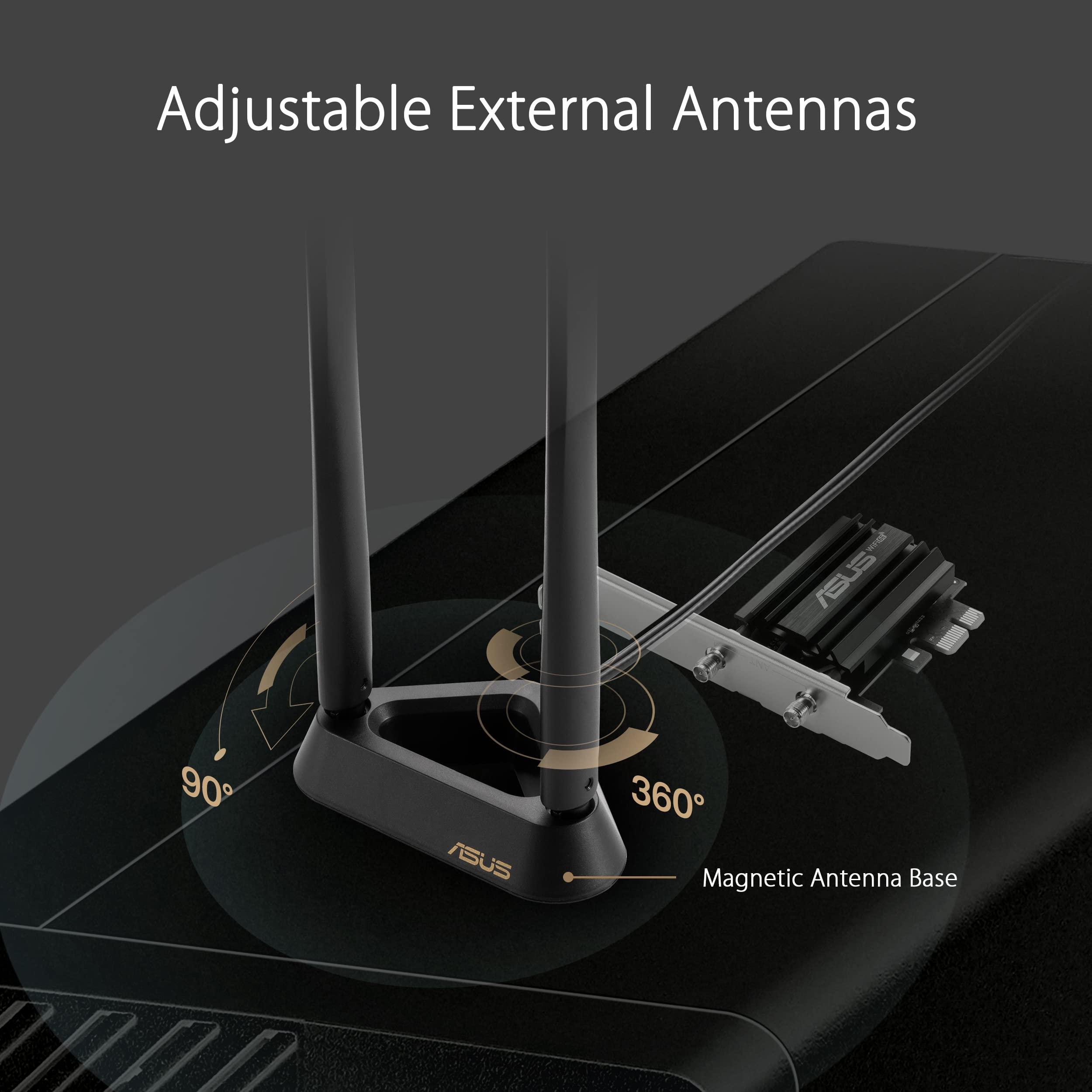 ASUS ASUS WiFi 6E + Bluetooth 5.2 PCI-E Expansion Card (PCE-AXE58BT) - Supports 6GHz Band, WPA3, 160MHz, WPA3 Network Security, OFDMA and MU-MIMO, External Antenna, Magnetic Base, Ultra Low Latency