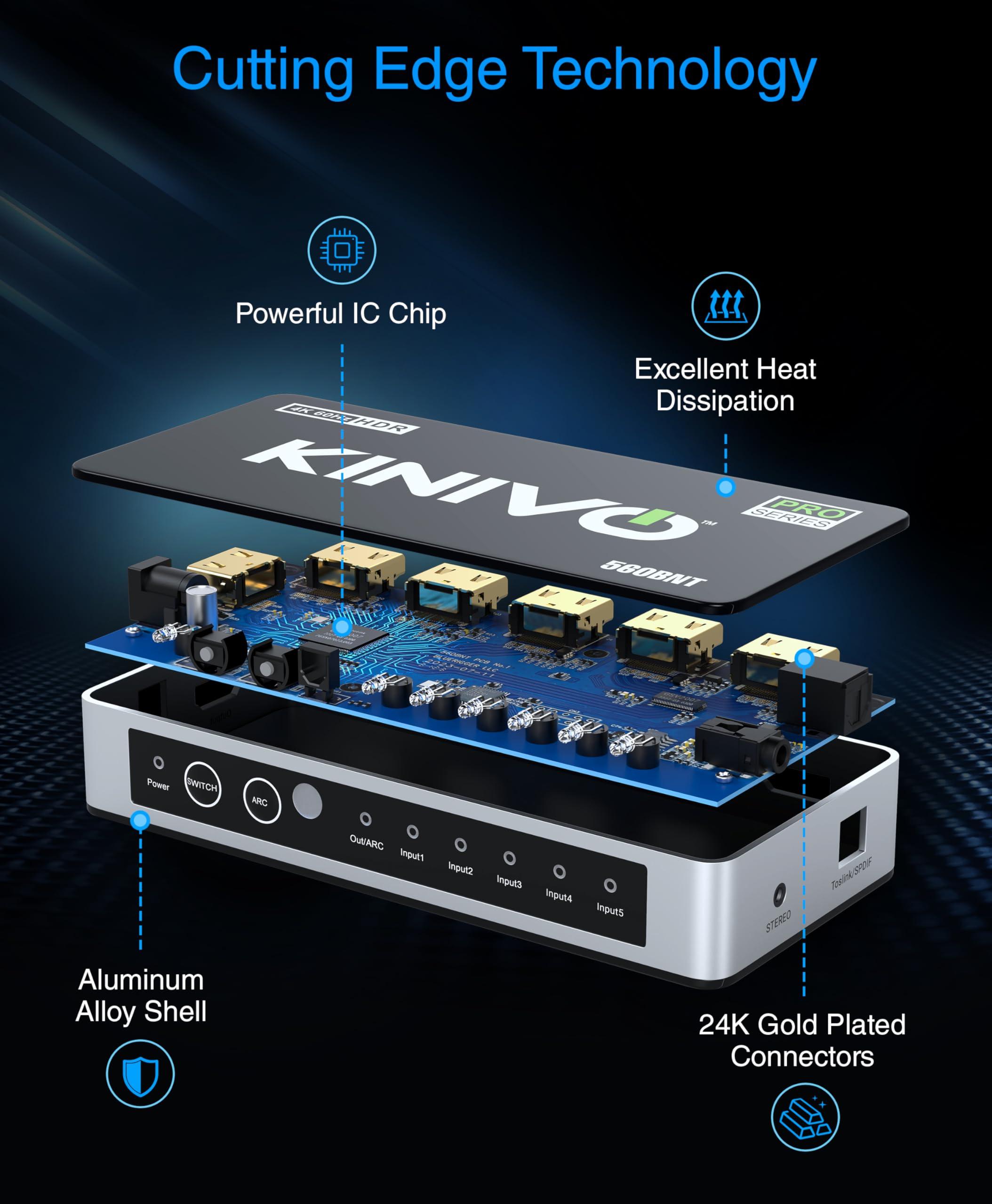 Kinivo Kinivo HDMI Switch with Audio Extractor 560BNT (5 in 1 Out Hub, Toslink Optical Audio Port, SPDIF, 4K 60Hz Switcher, 18Gbps, IR Remote) - Compatible with Gaming Console, Cable TV, PC, Dolby Digital