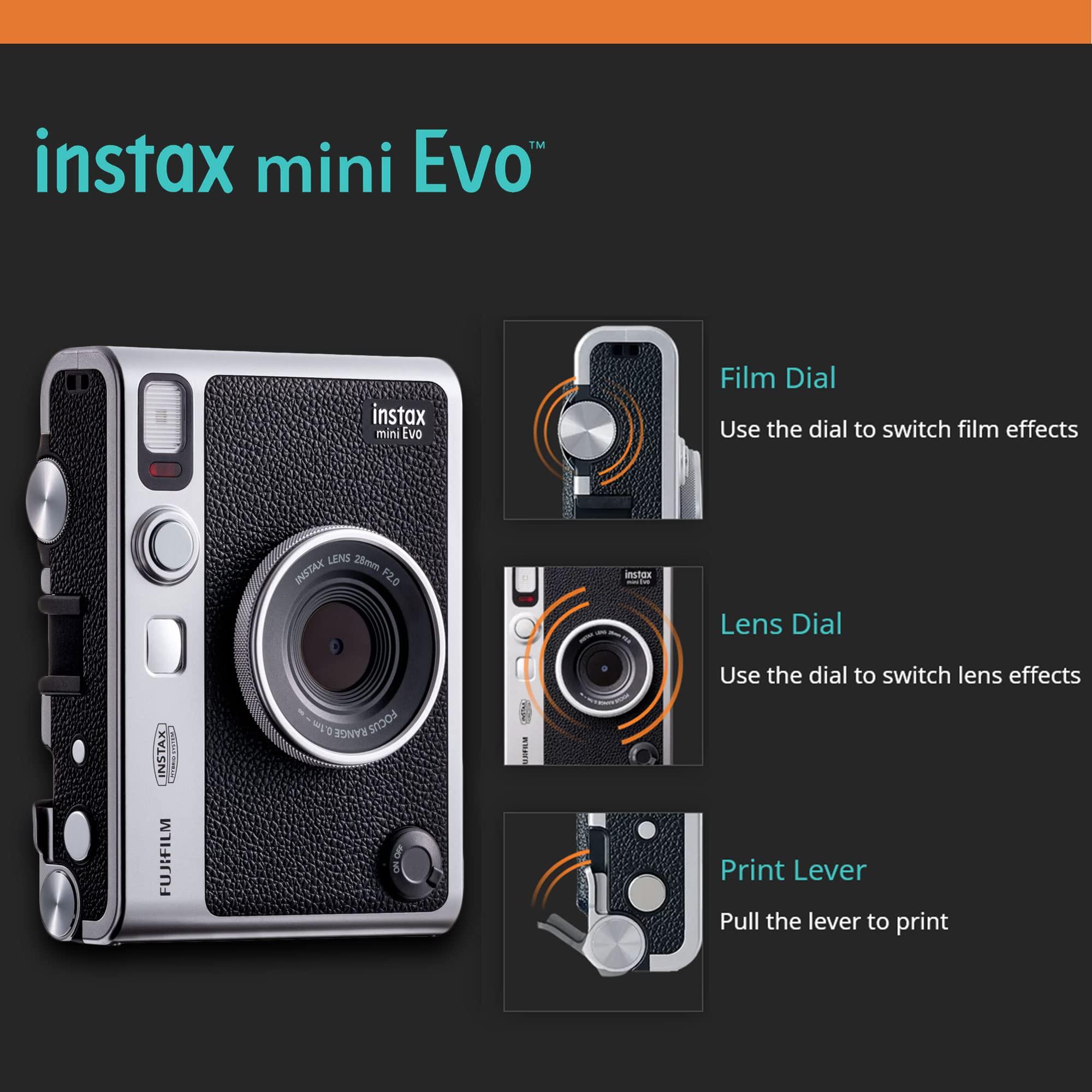 Fujifilm Fujifilm Instax Mini EVO Hybrid Instant Camera Bundle with Case Compatible with Fujifilm Instax Mini EVO + Fujifilm Instax Mini Twin Pack Instant Film (16437396) (Black)