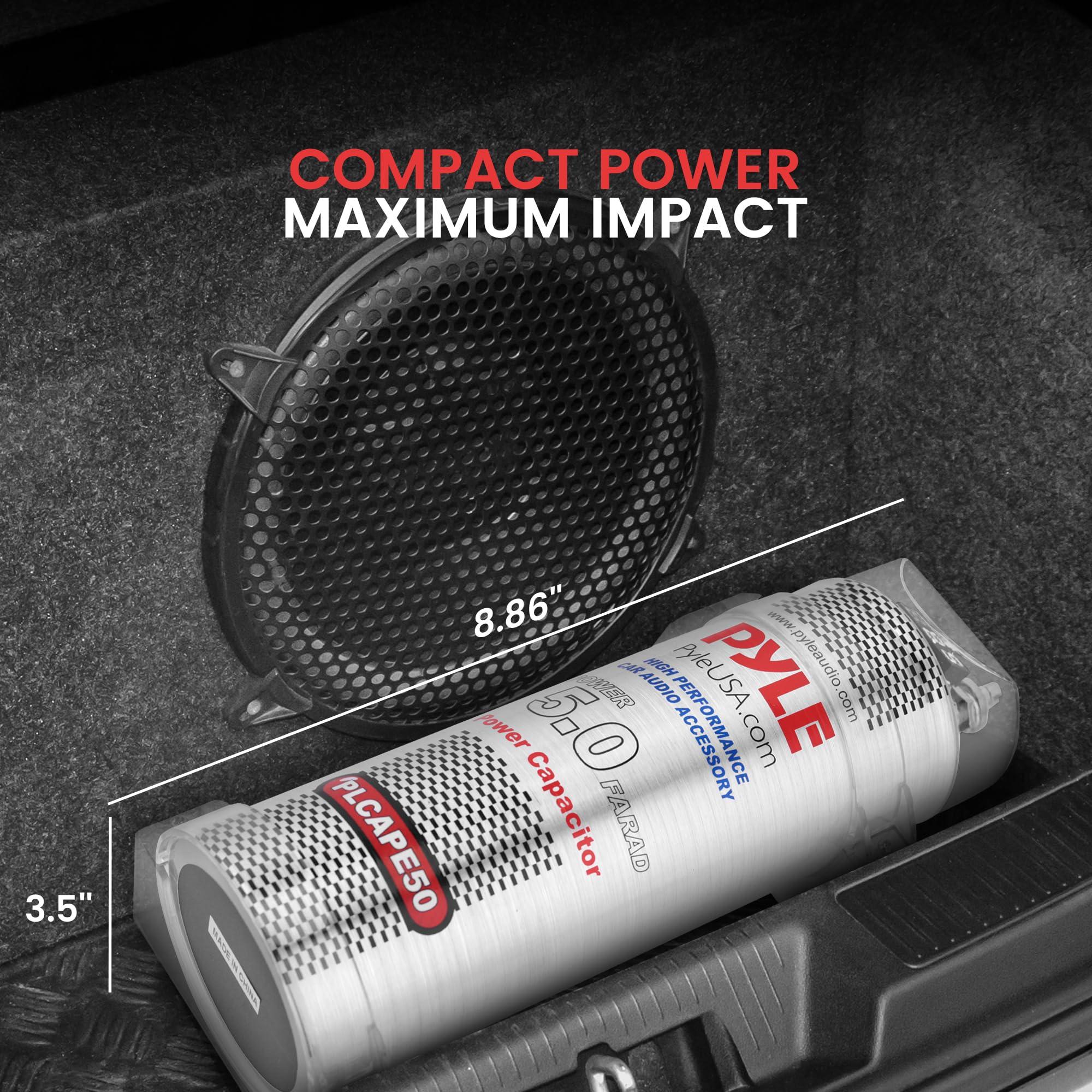 Pyle Pyle 5.0 Farad Digital Power Capacitor - High-Performance Car Audio Accessory with Blue Digital Display, Voltage Readout, Over Voltage Protection, Mounting Hardware, DC 12-24V - PLCAPE50