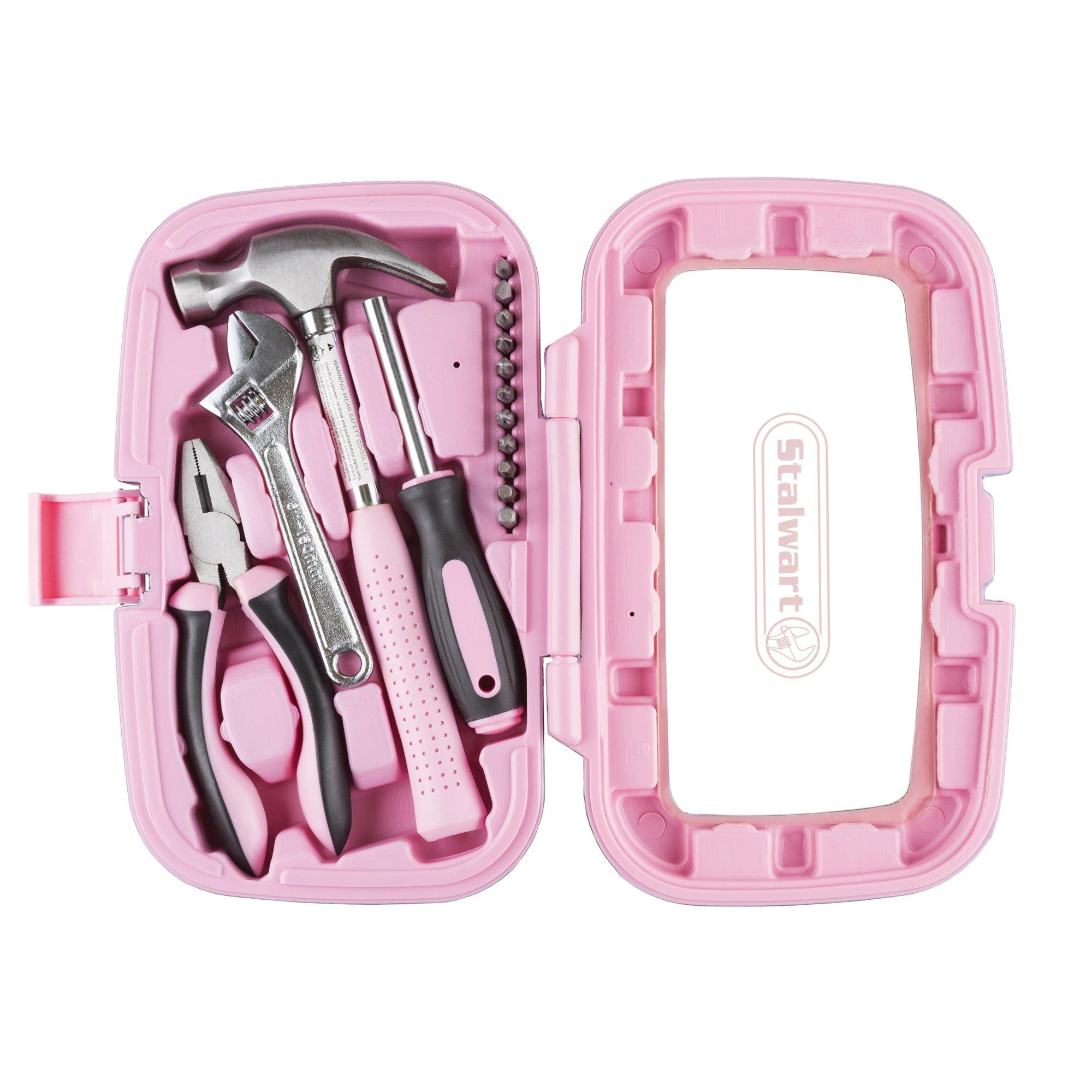 Stalwart 15-Piece Household Hand Tool Set with Carry Case Tool Kit with Screwdrivers, Pliers, and Wrenches Great for Home or Car by Stalwart (Pink)