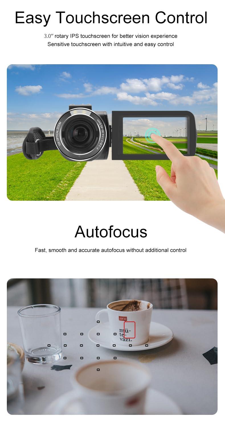 ORDRO ORDRO 4K Video Camera Camcorder 10X Optical Zoom 30MP 24FPS Vlogging Camera 3.0" IPS Touch Screen Digital Camera with 32G Memory Card