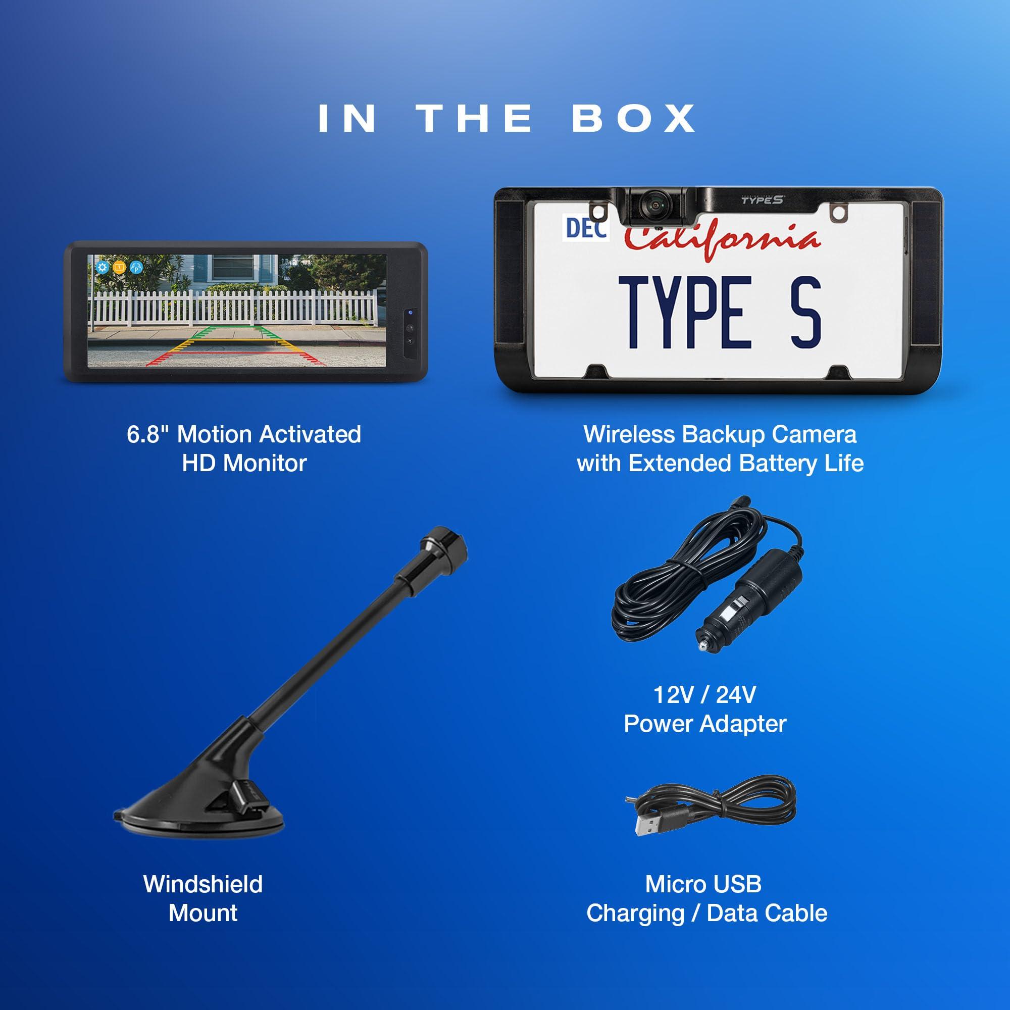 TYPE S TOURING ITEMS Type S Solar-Powered Wireless Backup Camera with Adjustable Lens 6.8" Touch Screen LCD Rear View Wireless Camera Back up Camera License Plate Camera with Night Vision (Upgraded Version)
