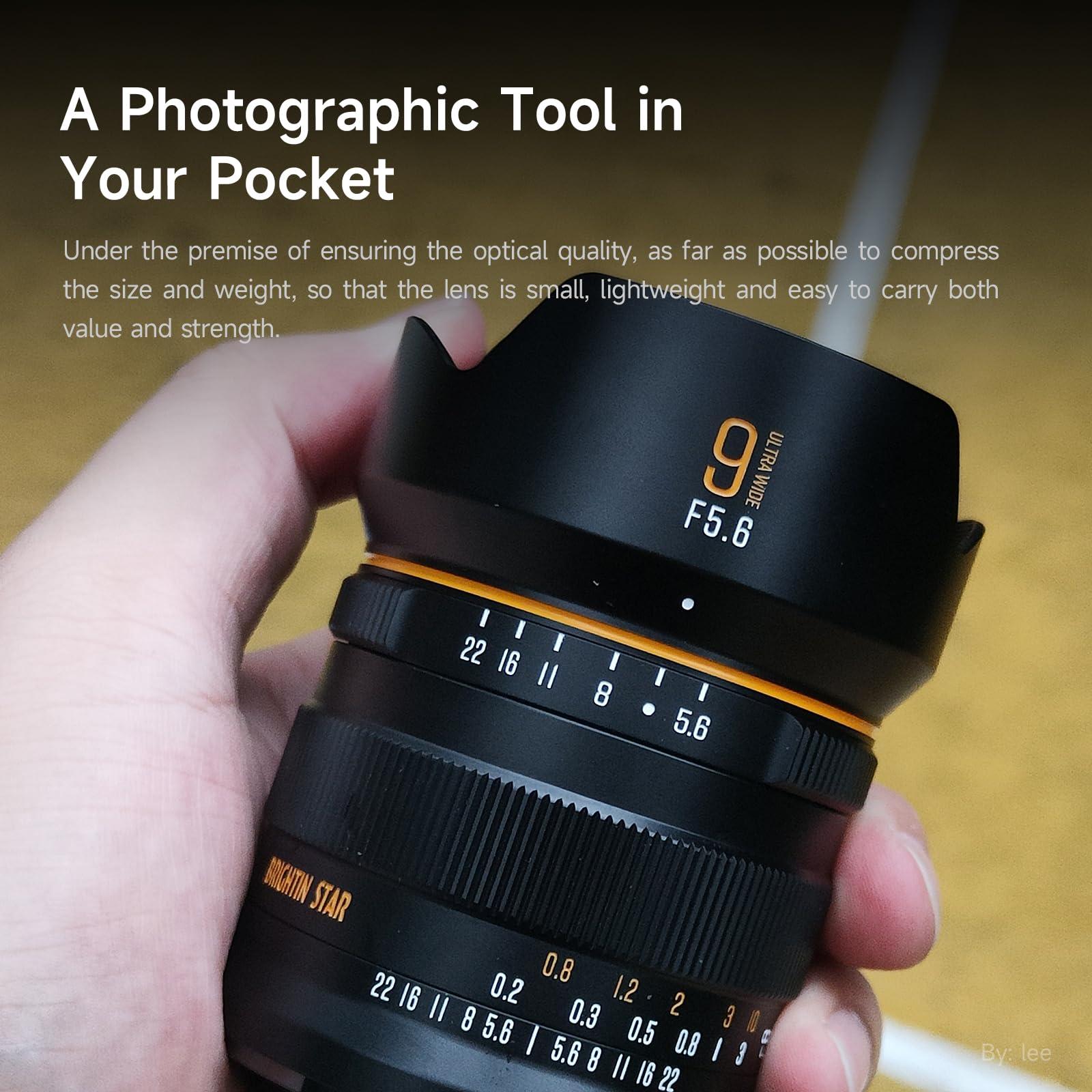 brightin star Brightin Star 9mm F5.6 Lens for Sony E-Mount, Full Frame 132 Ultra Wide Angle Manual Focus Prime Mirrorless Camera Lens for A7 III A7R IV A7C A7S III A1 A7 IV A6600 ZV-E10 ZV-1 A9 II