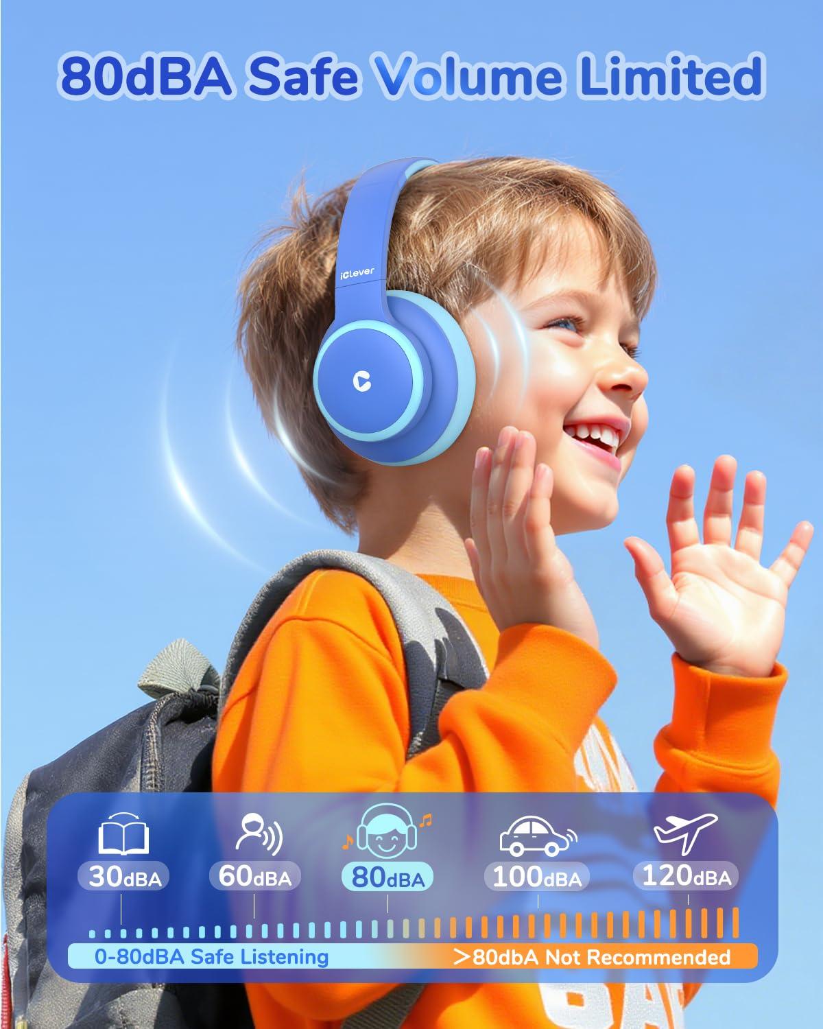 iClever iClever BTH26 Active Noise Cancelling Headphones for Kids, 60H Play Time, Safe Volume 80dBA, Type C Fast Charging, Bluetooth5.4, Kids Bluetooth Headphones with Mic AUX Cord for iPad Airplane, Blue