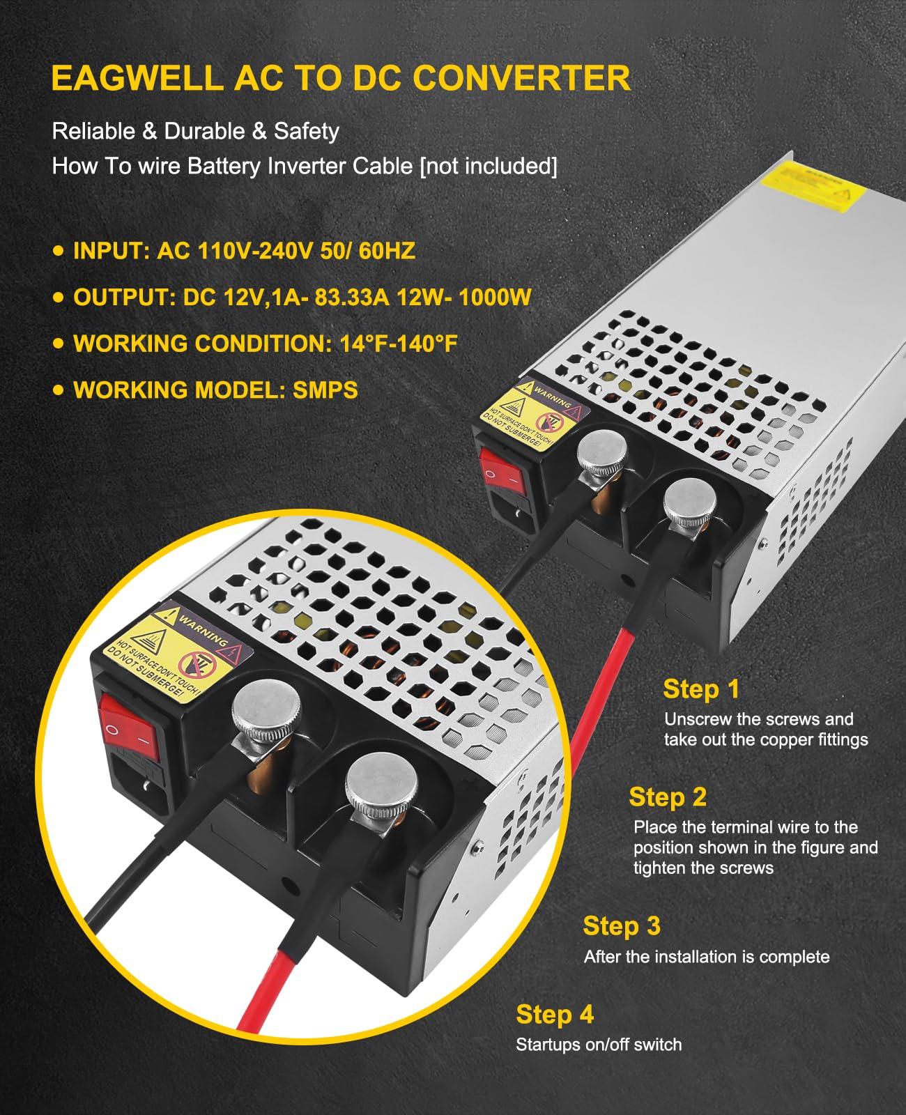 EAGWELL AC to DC Converter 12V Power Supply 1000W, Universal SMPS 120V AC to 12V DC Converter Switching Power Supply 12V Transformer Driver Adapter for RV,Pump,LED Strip, LCD Monitor