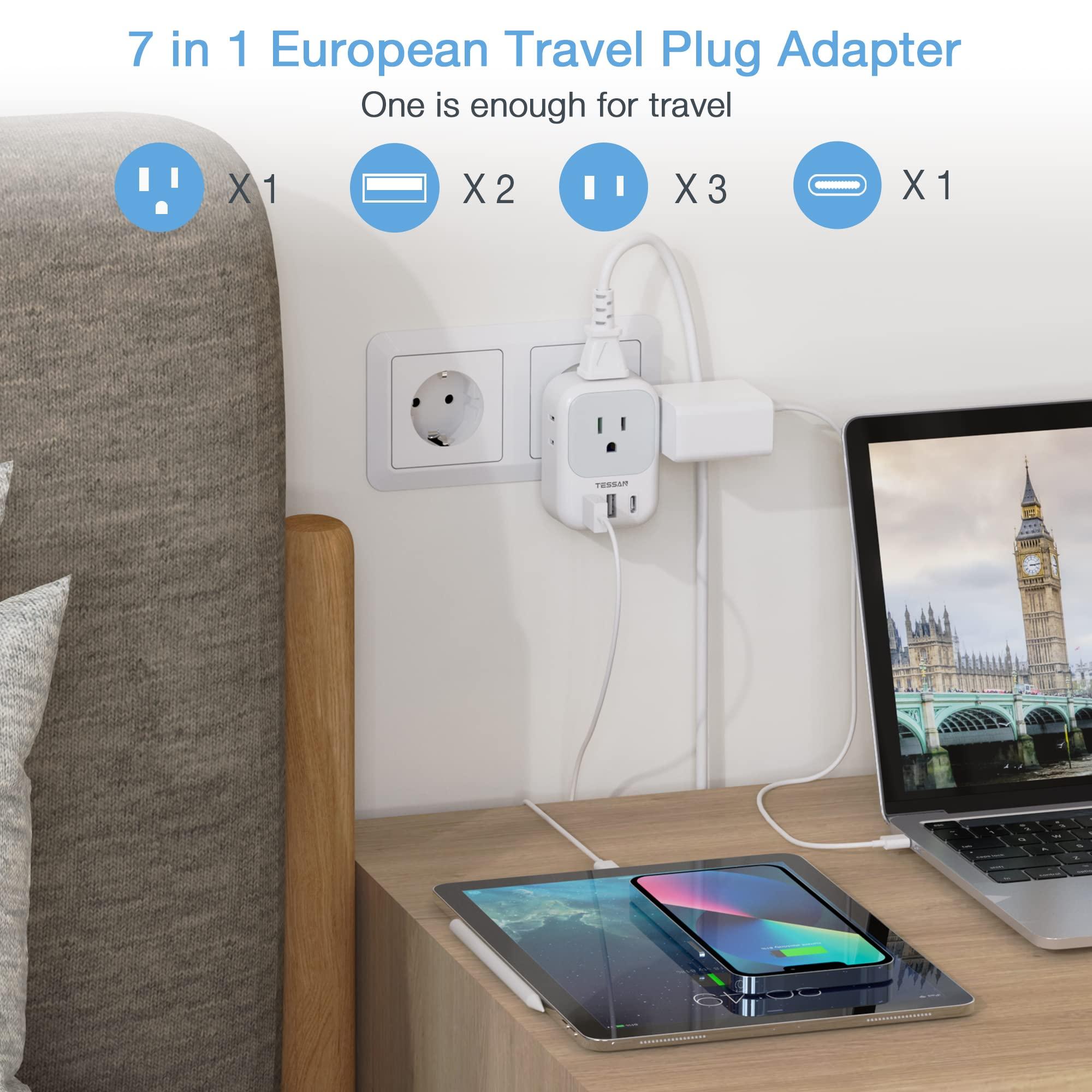 TESSAN TESSAN European Travel Plug Adapter USB C, Type C Power Adaptor with 4 AC Outlets for USA to EU Italy Iceland Spain France Greece Germany