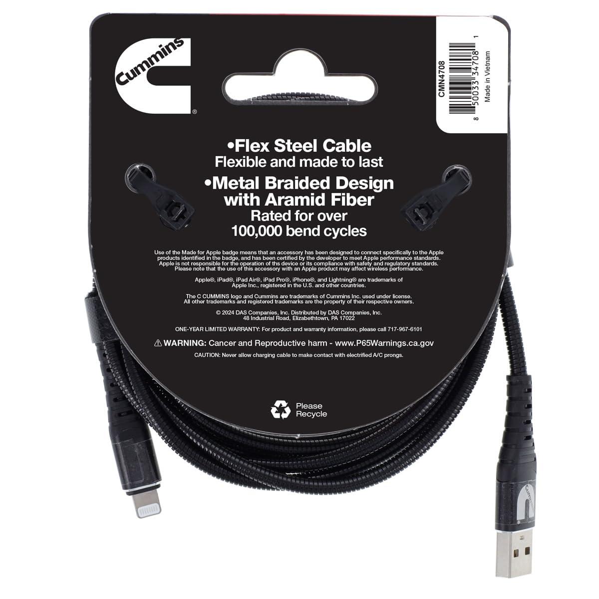 Cummins Cummins Lightning to USB Cable MFi-Certified Compatible with Most Apple Devices Plus Wrap Attachment 8ft CMN4708