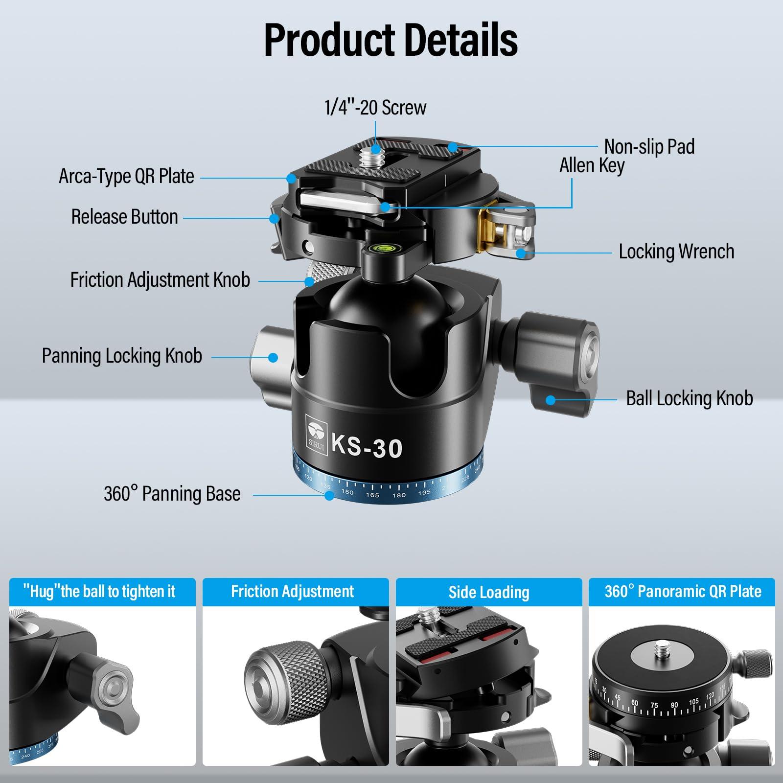 Sirui SIRUI 36mm Low Profile Ball Head KS-30, 360 Double Panoramic Aluminium Alloy Tripod Head for Camera, Camcorder, Professional Heavy Duty Ball Head for Tripod, Monopod, Camera Slider, Max Load 20KG