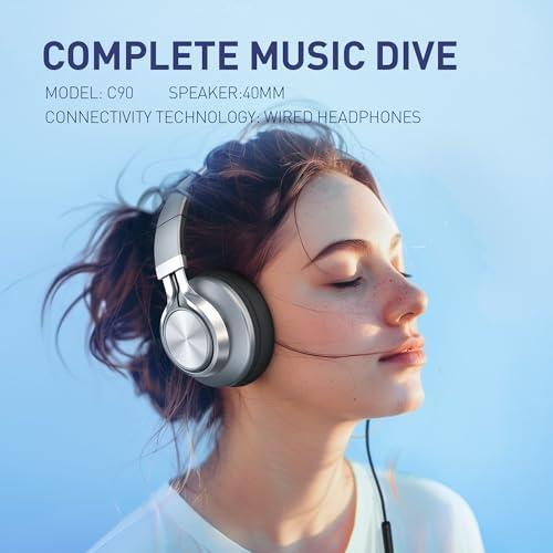 AILIHEN AILIHEN Wired Headphones with Microphone, Over-Ear Foldable Corded Headphones with Volume Control 3.5mm Jack for Teens Adult Smartphones Chromebook (Grey)