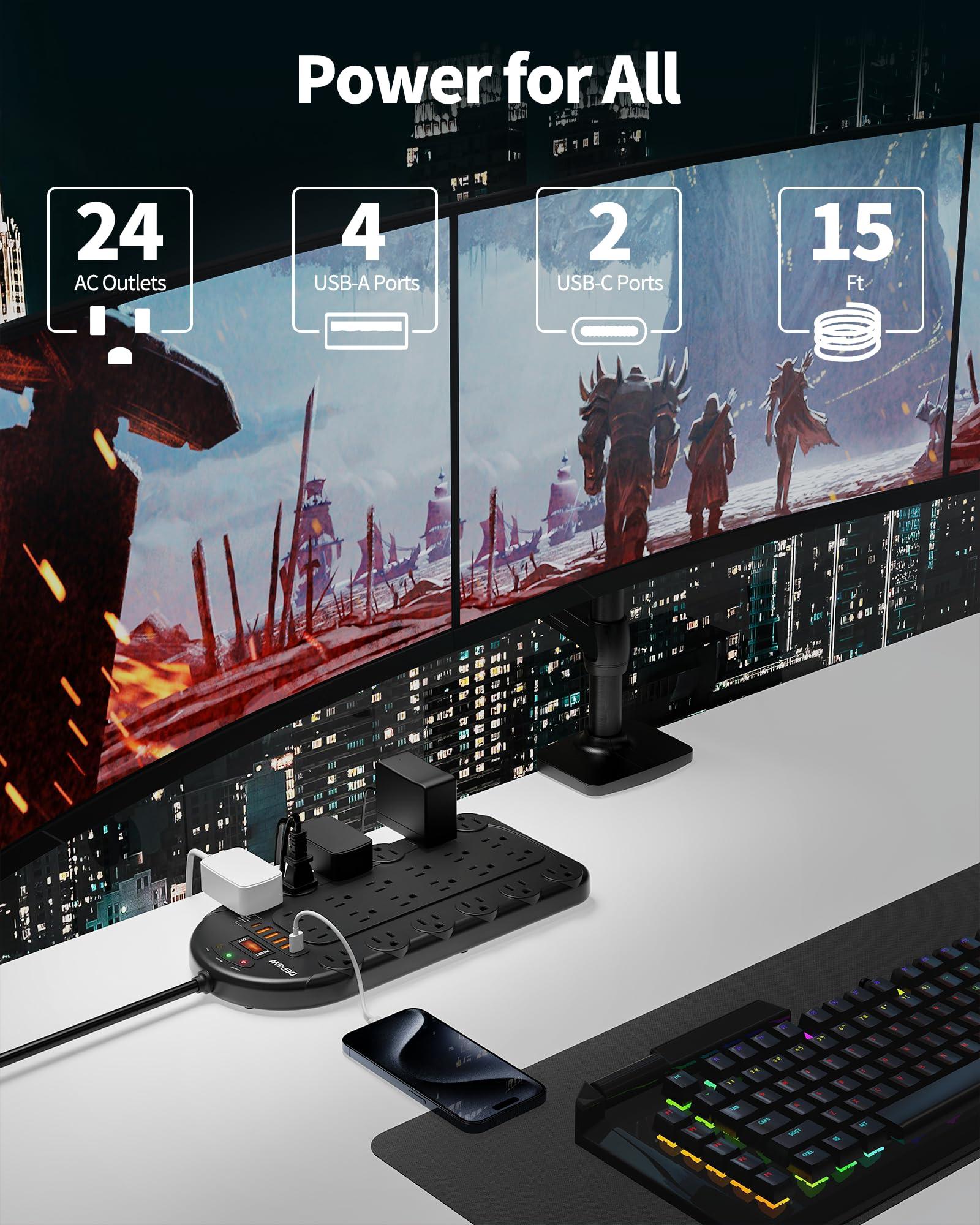 DEPOW 15Ft Power Strip Surge Protector (3,400 Joules), DEPOW 24 AC Multiple Outlets (1875W/15A) with 6 USBs (2 USB-C Ports), ETL Listed, Flat Plug Heavy Duty Long Extension Cord for Home, Office, Black