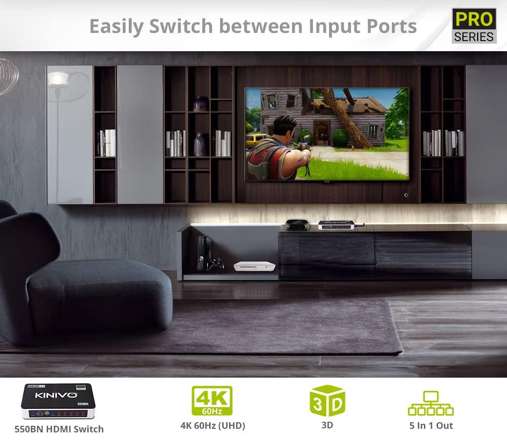 Kinivo Kinivo HDMI Switch 4K HDR 550BN (5 in 1 Out, 4K 60Hz HDR, HDMI 2.0, High Speed 18Gbps, IR Remote, HDCP) - Compatible with Roku, PS5, Xbox, Apple TV, Nintendo Switch, Cable Box