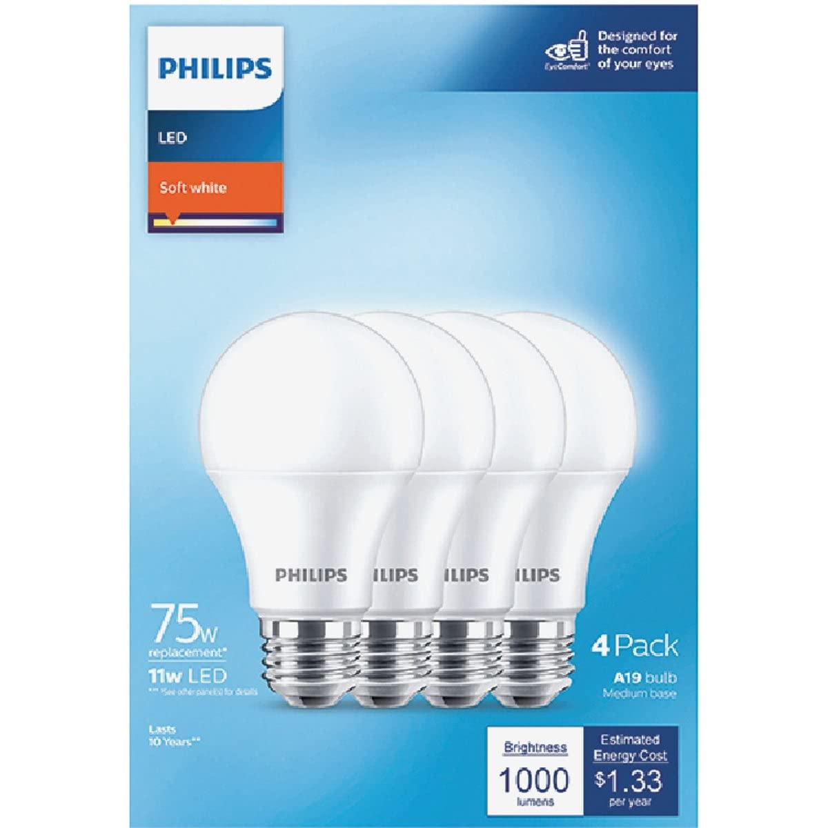 PHILIPS PHILIPS LED Frosted Dimmable A19 Light Bulb - Pack of 4 - EyeComfort Flicker Free - 11W=75W - 1000 Lumen - Soft White (2700K) - E26 Base - Indoor