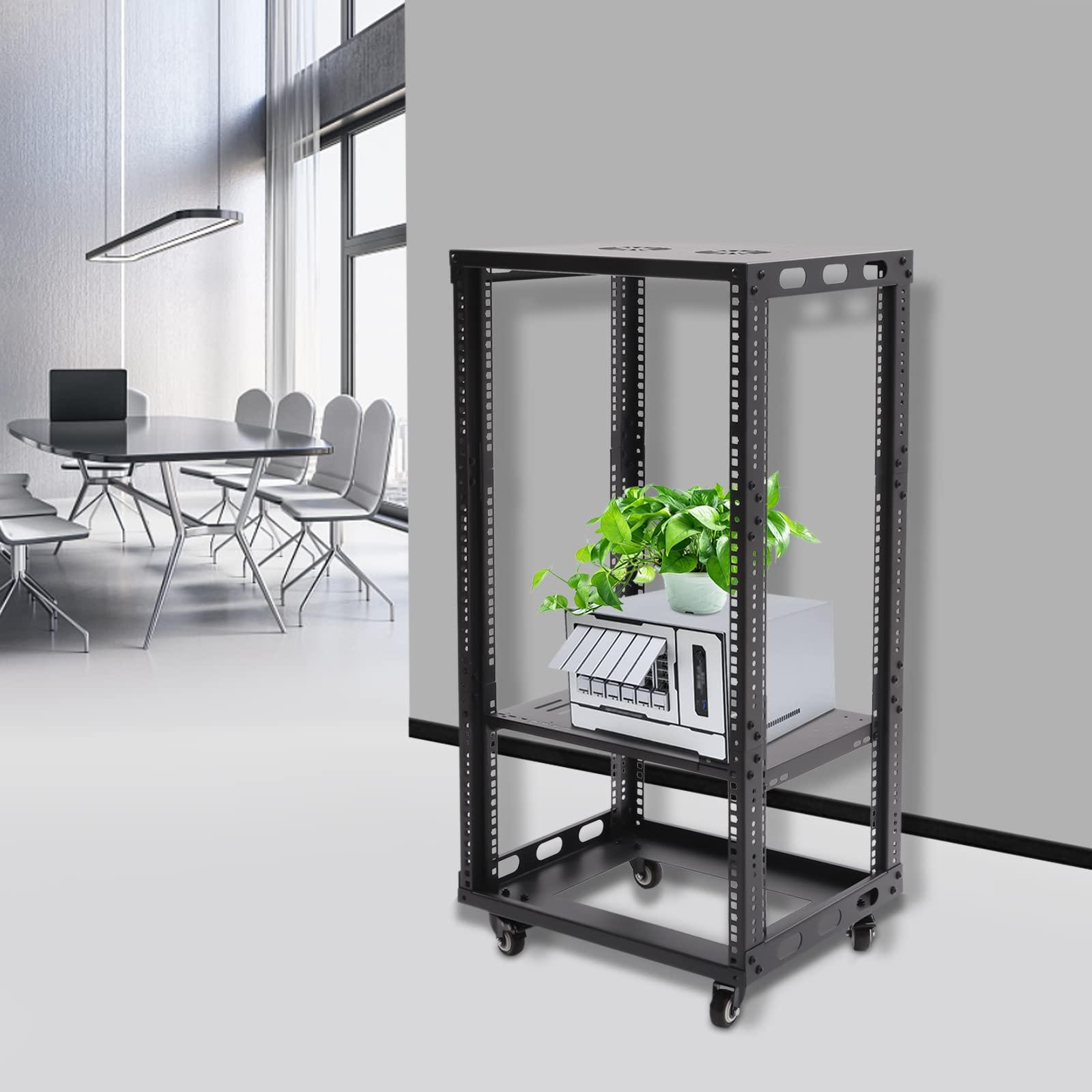 Tiardocge 18U Open Frame Server Rack, 4 Post Adjustable Mobile, Free Standing Rolling Network/Computer Equipment Data Rack for Servers and Networking AV Equipment